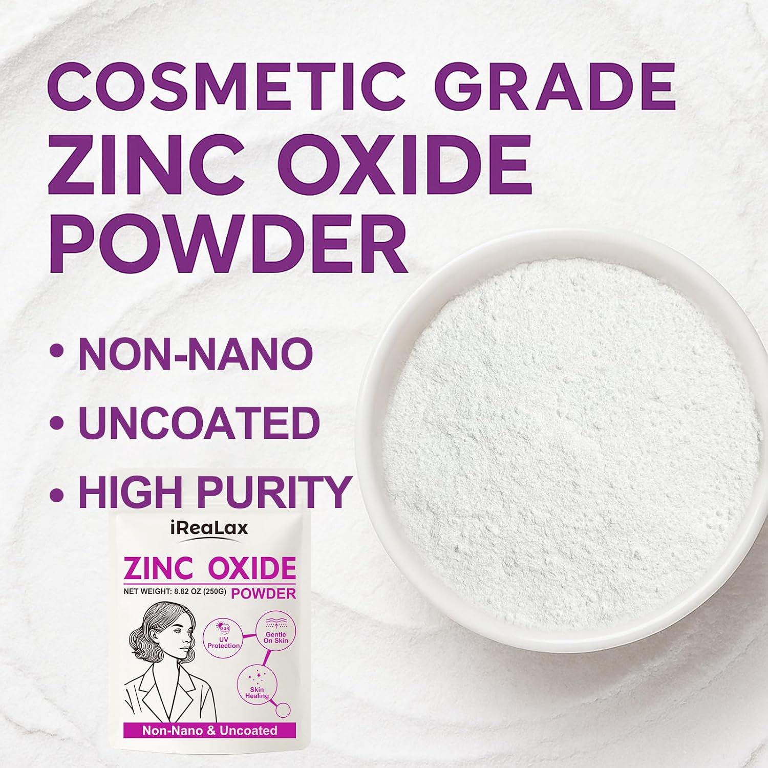 Zinc Oxide Powder | 250g(8.82oz) Non Nano Uncoated Zinc Oxide Powder for Skin Protection, Skin Healing, Cosmetics Grade for DIY Sunscreen | lotions | Creams | serums | Deodorant image 2