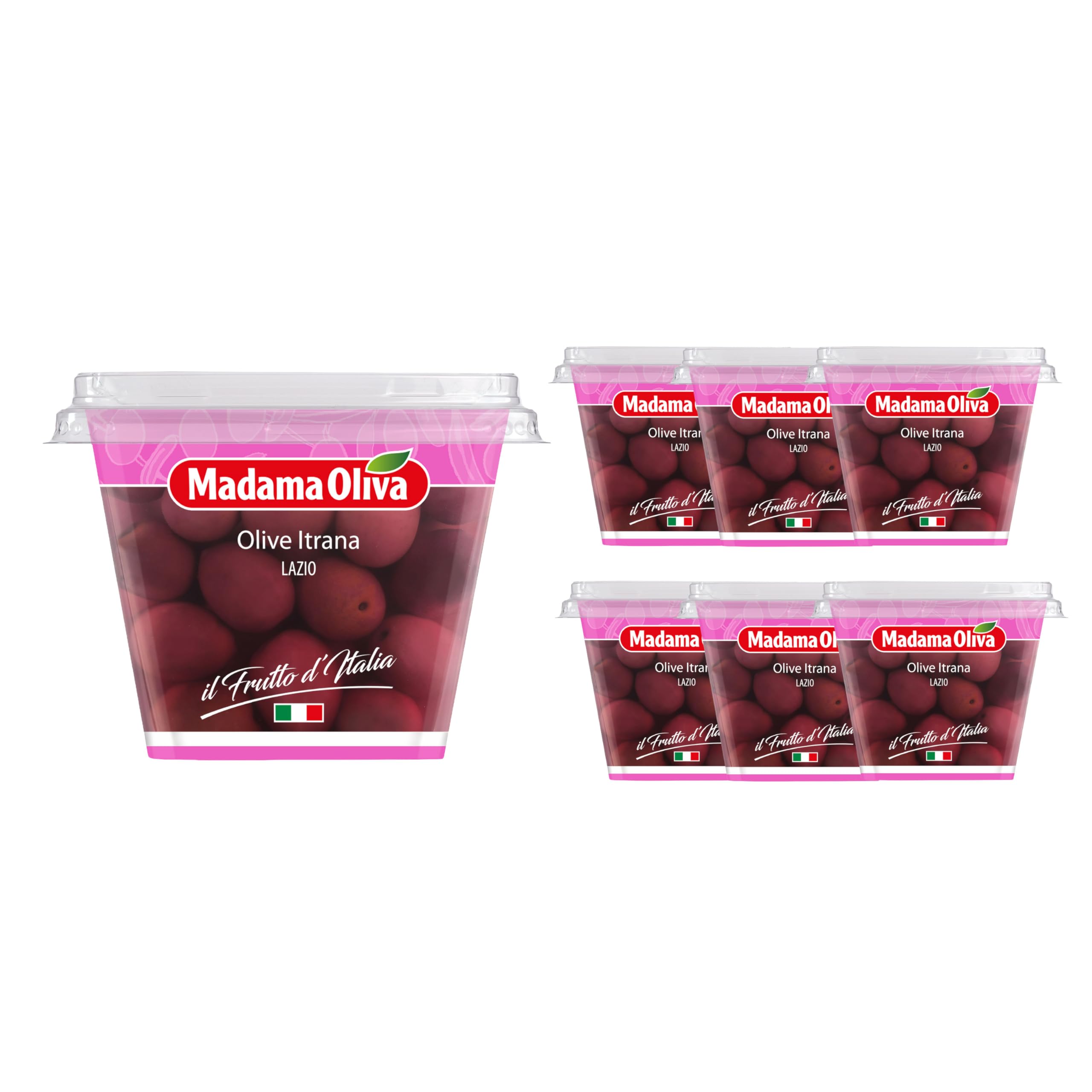 MADAMA OLIVA, Olive Itrana dal Colore Nero Rosato e dal Sapore Tipico, Ideale da Utilizzare nei Sughi, Cani Bianche e di Cacciagione, 100% Made in Italy, 8 x 170 gr