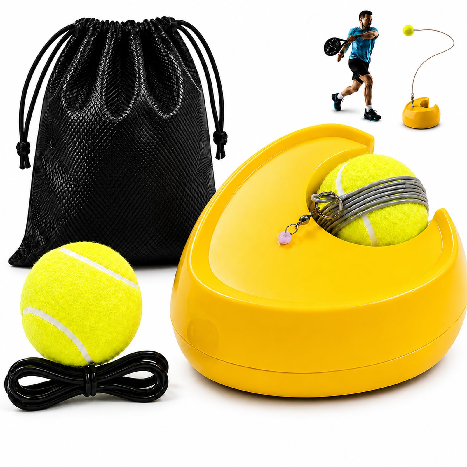 Tennis Trainer Set mit Ball an Schnur – Tennistrainer mit standfester Basis ohne Wasserbefüllung, 2 m Schnur + Ersatzball mit 4 m Schnur, Beutel, Solo Trainingsgerät für Tennis & Padel