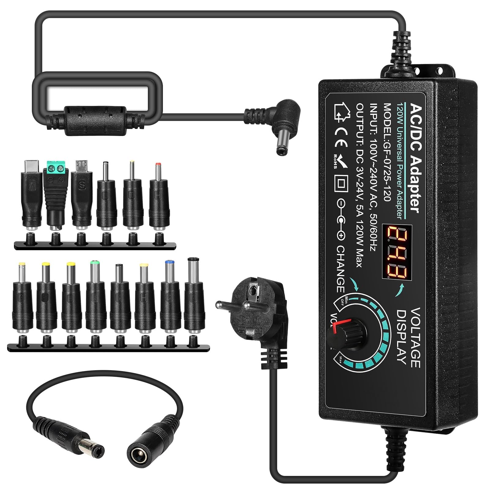 Fuente De Alimentación Universal 3-24V 120W - Ajustable Con 14 Puntas Y Pantalla LED, Ideal Para Electrónica