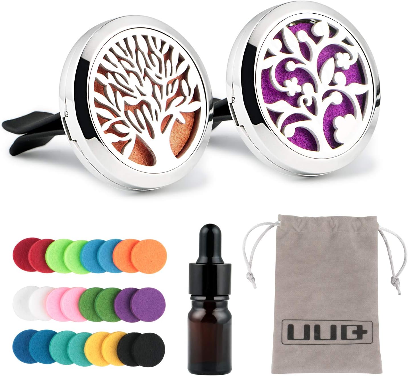 UUQ 2PCS Car Aromatherapy Essential Oil Diffuser Air Freshener Locket Car Vent Clip Durable Stainless Steel with 24 Felt Pads for Car Living Room Office (Include a Dropper Bottle)