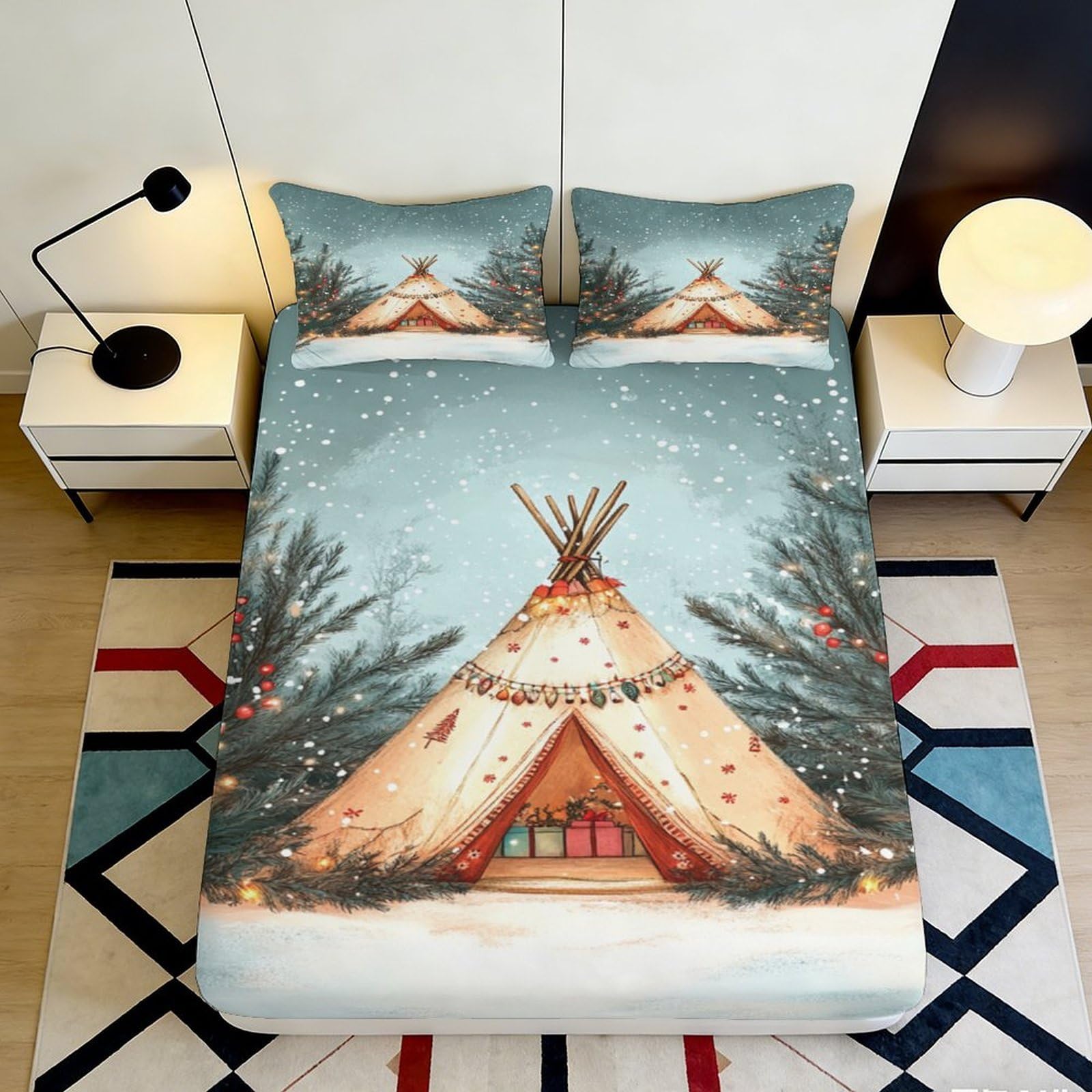 3D Printed Winter Teepee Fitted Sheet Microfiber Soft Snowy Forest Bed Cover for Bedroom Guest Room Decor 90x200x25cm