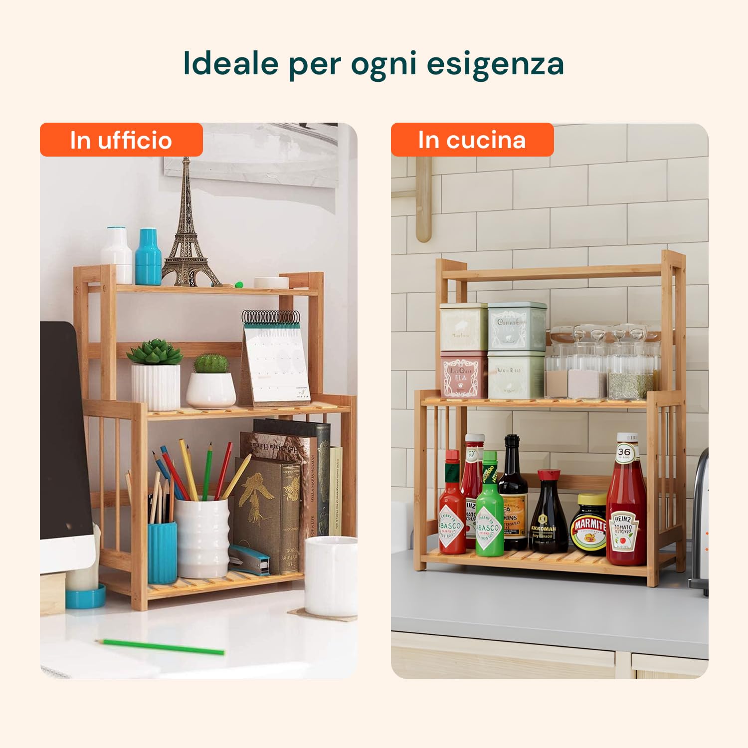 Avilia Scaffale Bambù 3 Ripiani 42x18x53cm – Organizer Multiuso Salvaspazio, Capacità 20kg – Scaffale Stabile ed Ecologico, Facile da Montare – per Bagno, Cucina o Ufficio