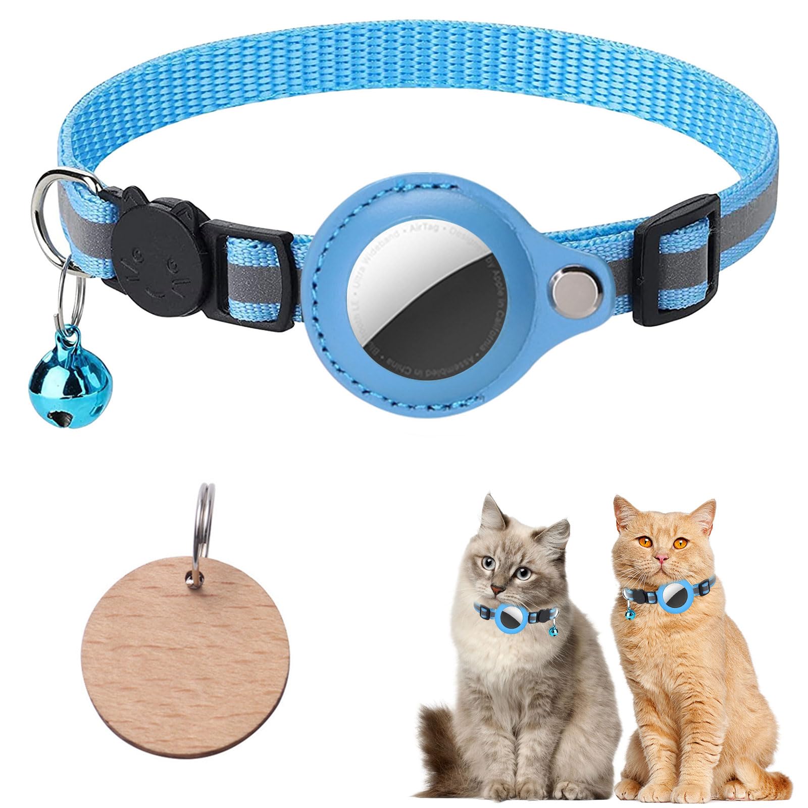 Collar Gato Airtag,Ajustable Airtag Collar,Collar Gato para Airtag,Hebillas Ajustables con Caja de Campanas,Excluyendo airtag,Reflectante,Azul