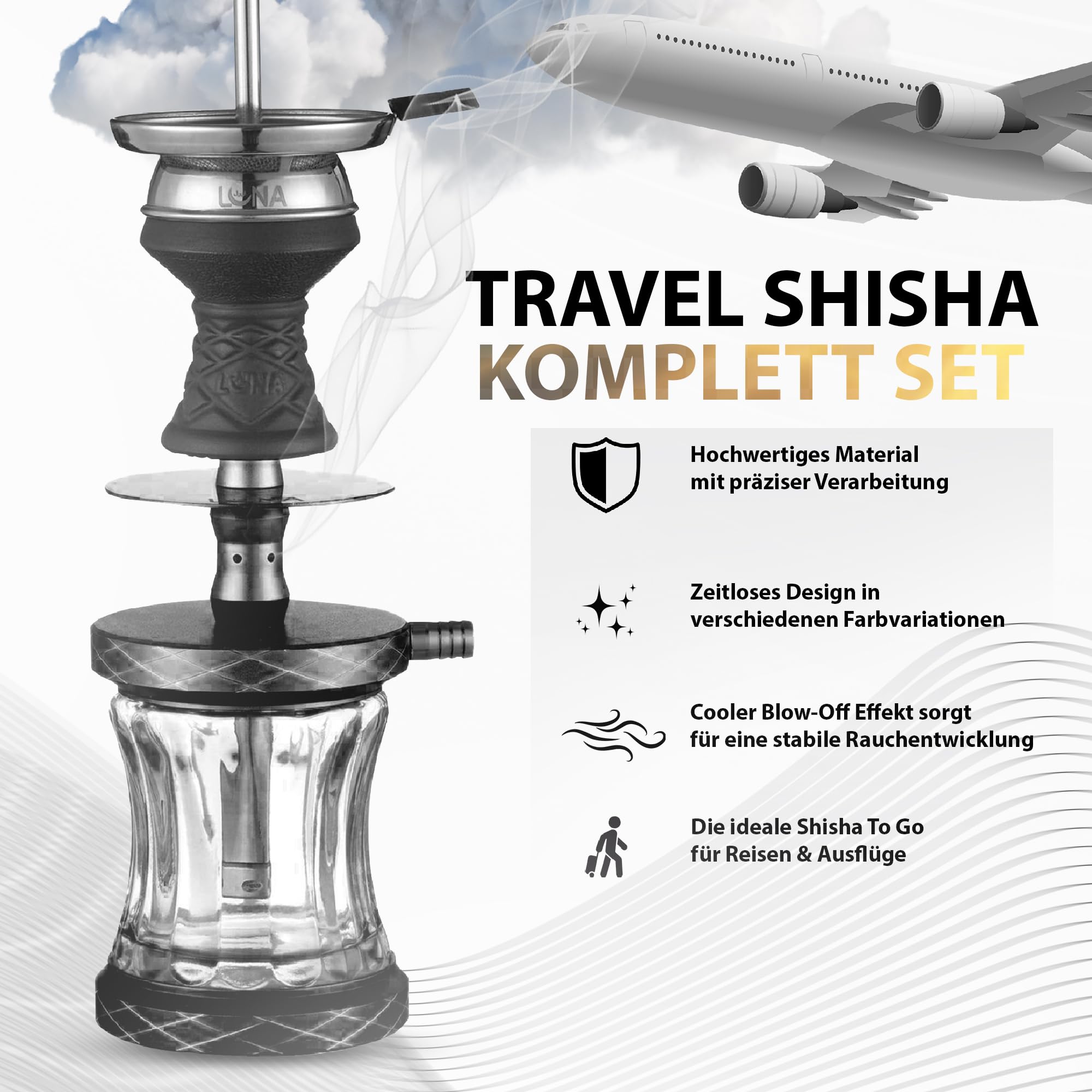 Luna Vacanza - Shisha de aluminio y acero inoxidable, pipa de agua, cabezal de chimenea, juego completo, tubo de inmersión con difusor, manguera de silicona, boquilla de aluminio, color negro