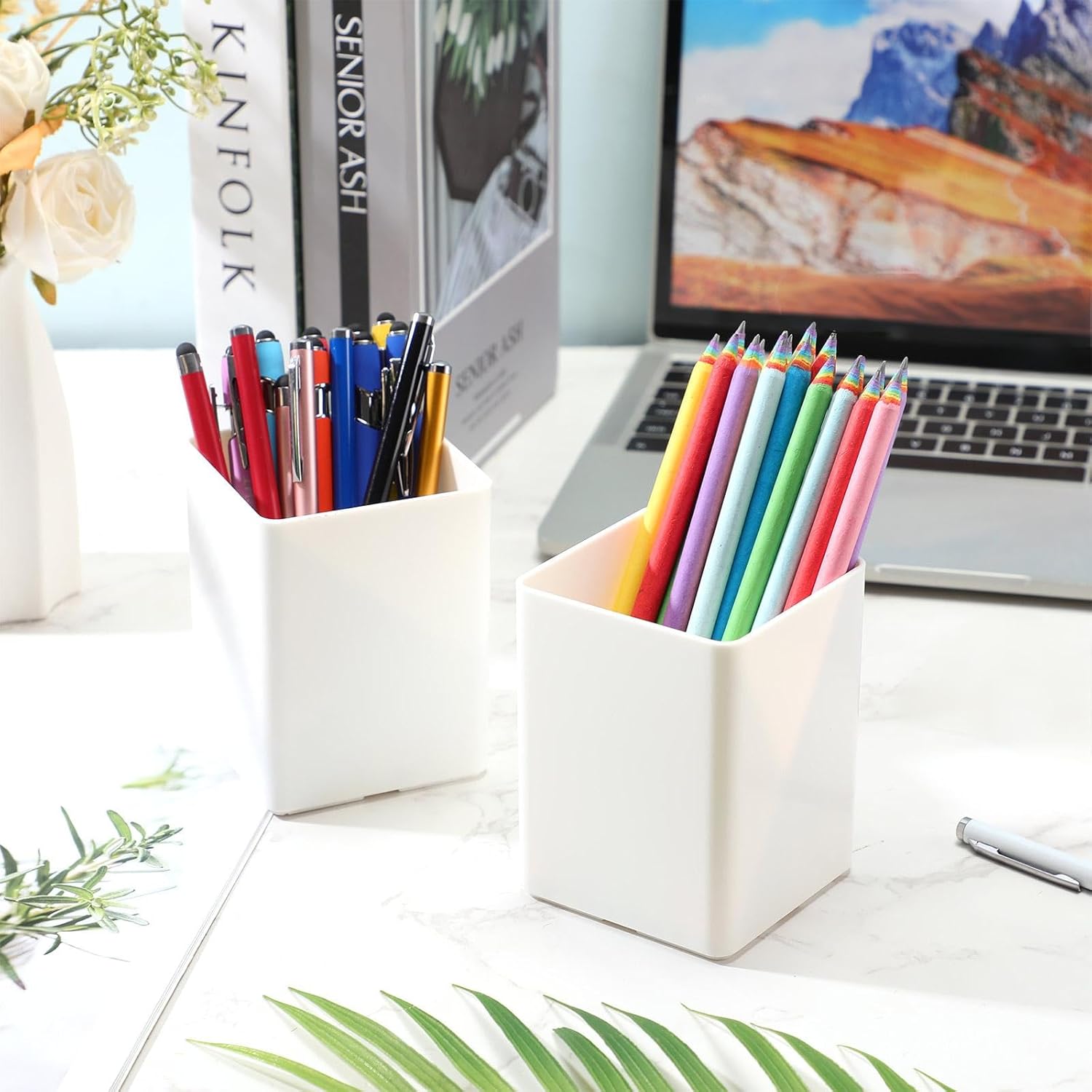 Jutom 8 Pcs White Acrylic Pen Holder for Desk, Pencil Cup Bulk Makeup Brush Storage Organizer, Desktop Pencil Cup Stationery Desktop Stationery Organizer for Office School Home Supplies