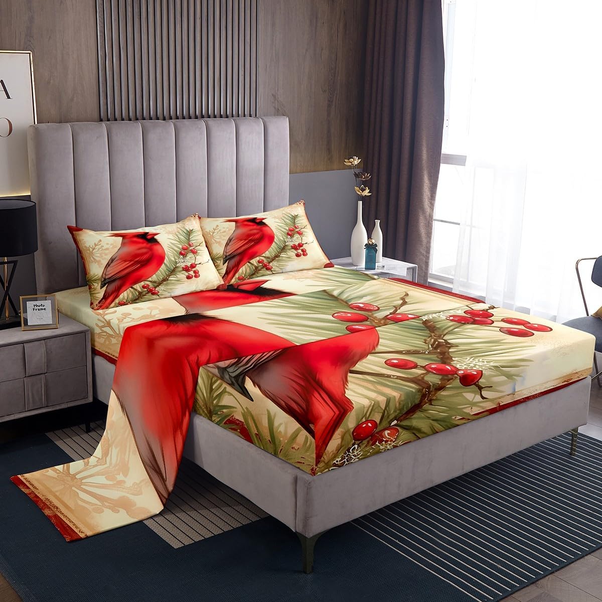 Christmas Cardinal Bed Sheet Set King Size,Xmas Theme Red Bird Watercolor Deep Pocket Fitted Sheet,1 Flat,2 Pillowcases,Berry Pine Branch Plaid Geometric Bed Mattress Cover, Bedroom Decor