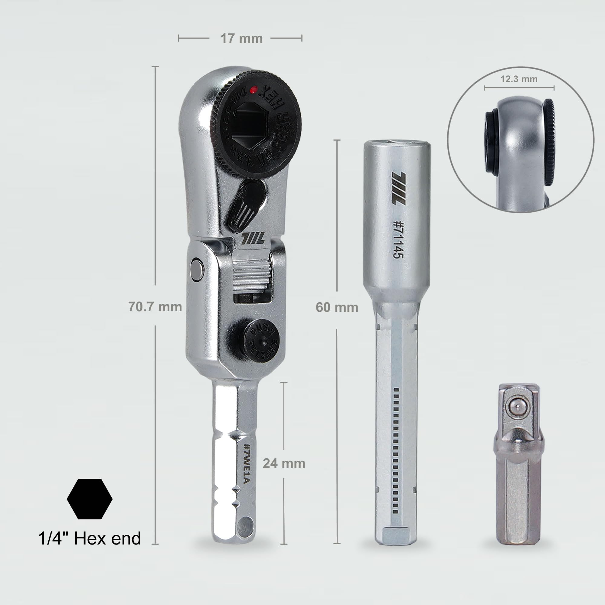 711L EDC - Llave de trinquete de cabeza flexible con mango en T, mini herramienta de trinquete de 1/4 pulgadas con extensión de enchufe y agujero para llavero para transporte diario