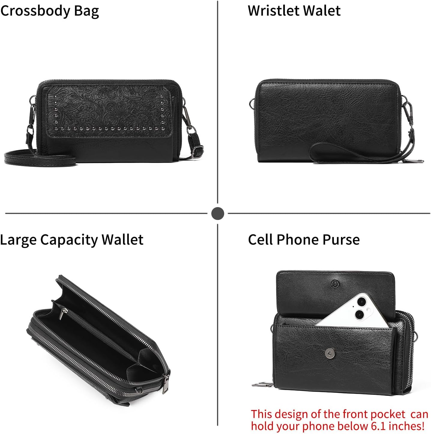 FALAN MULE Crossbody Bags for Women Small Leather Cell Phone Wallet Wristlet Purse with Zip Around 2 Strap - Image 6