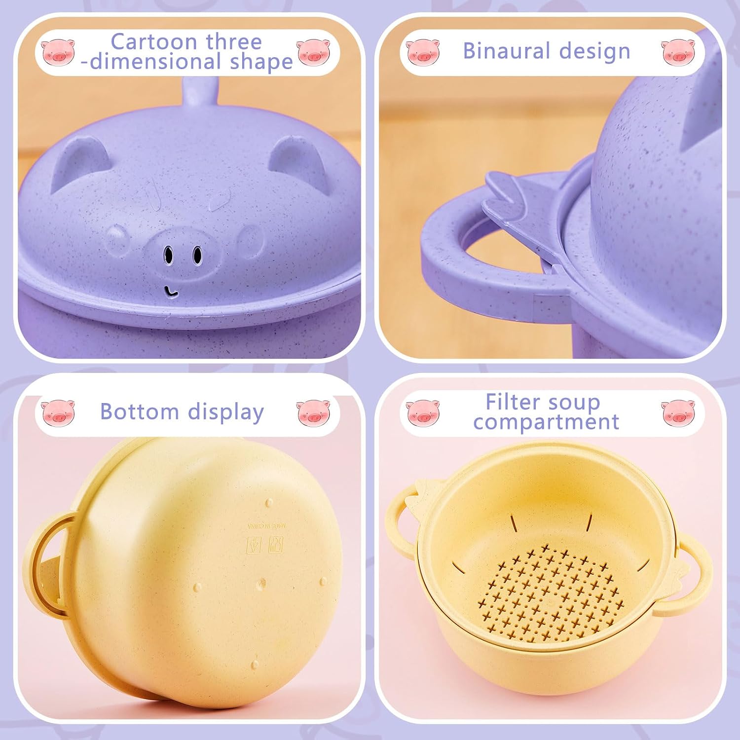 2 Set Large 45oz Cute Pig Ramen Bowl Set Microwavable Yellow, Purple image 3