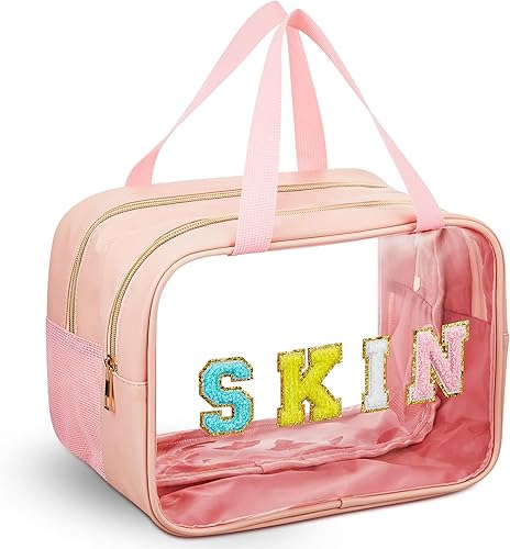 Geetery Bolsa de maquillaje con parche de letras de felpilla con asa práctica, organizador de cosméticos de nailon preppy con cremallera, bolsa de