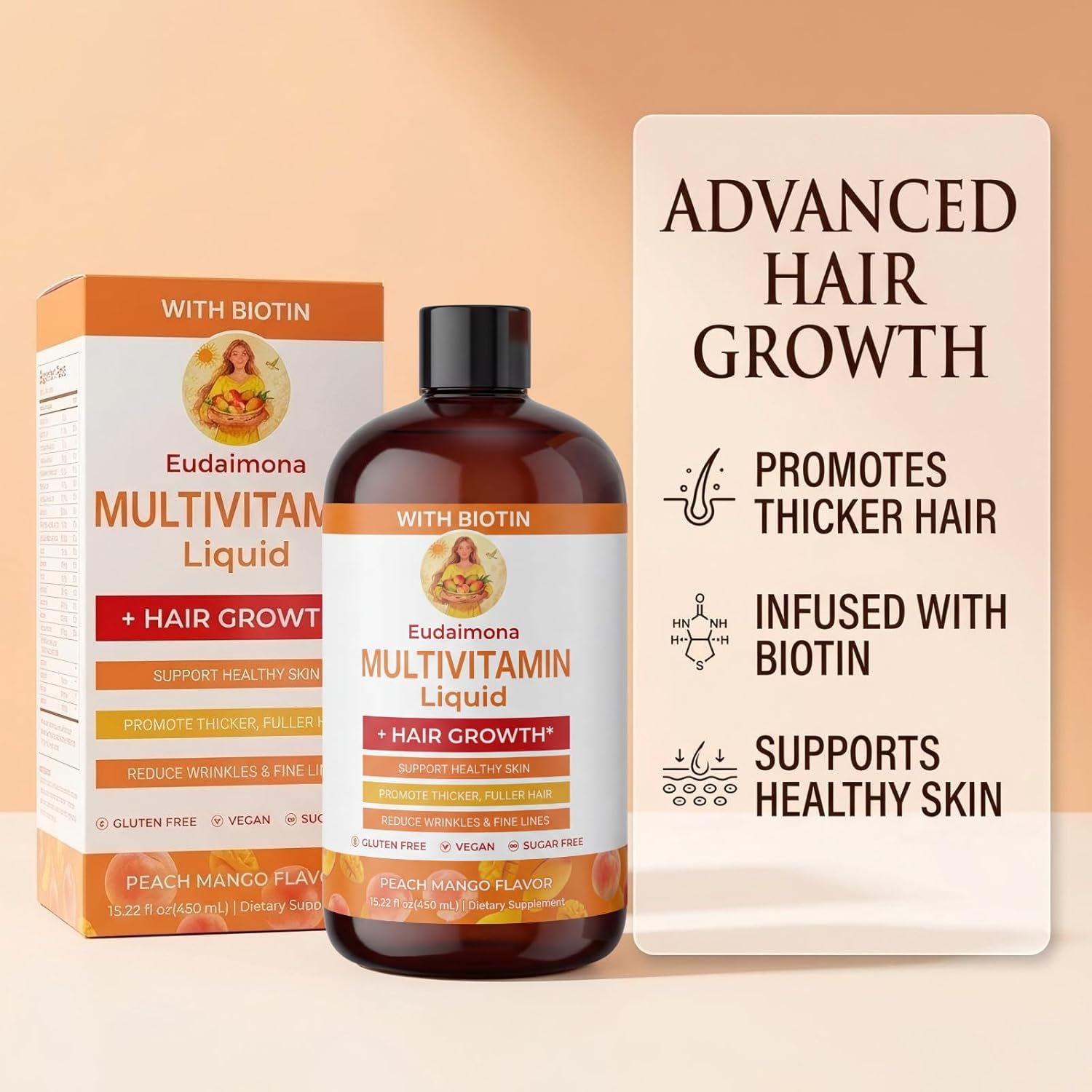 Liquid Multivitamin + Hair Growth | Biotin 10000mcg | Support Healthy Skin,Promote Thicker,Fuller Hair,Reduce Wrinkles & Fine Lines | uitable for Women & Men, Ages 18+ | 15.22 Fl Oz (Peach Mango)