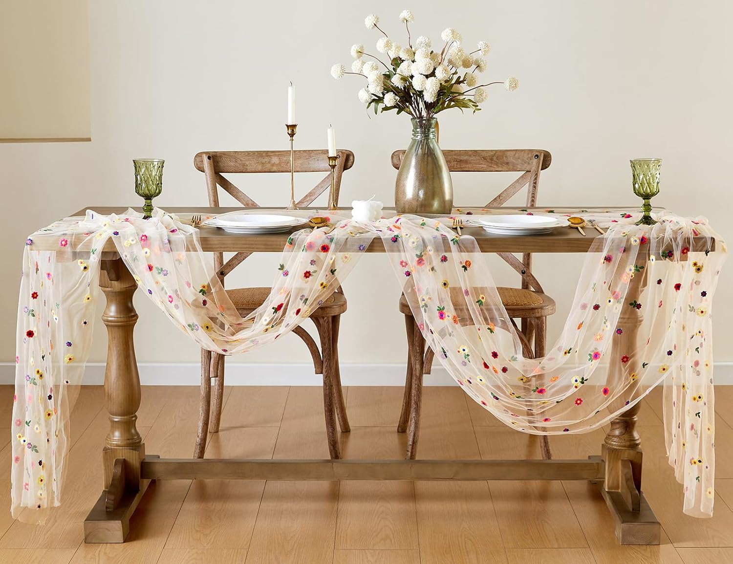 Wracra 3pcs Embroidery Cheesecloth Table Runner Daisy Summer Fall Table Runner 120 inch 10ft Florals Gauze Table Runners for Wedding Party Baby Shower Birthday Home Holiday Decorations, Champagne