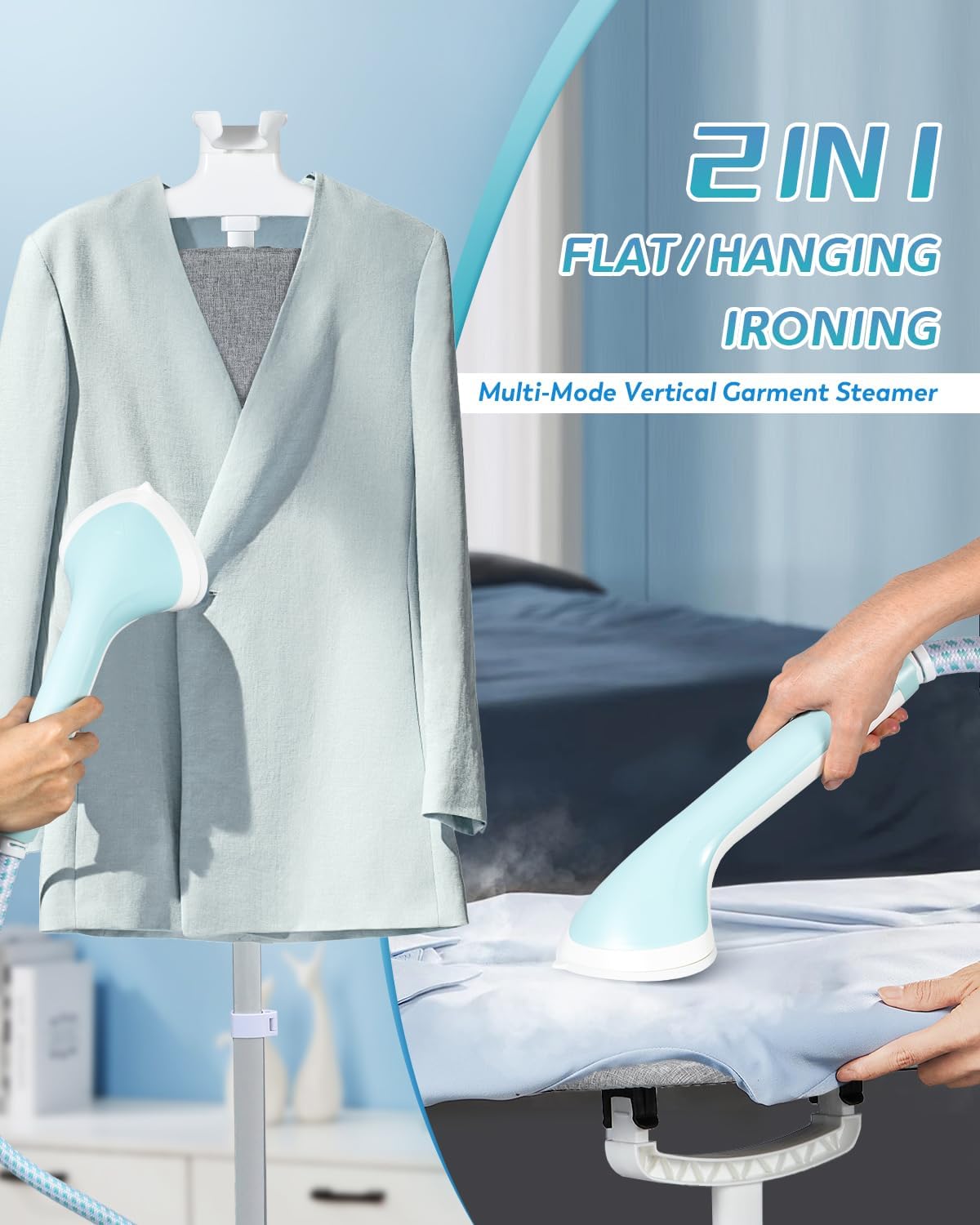 Standing Garment Steamer for Clothes 1350W Aluminum Heating System for 1 Hour Powerful Steam, Heats in 30s, 10 Levels Steam Control, Flat & Hanging Ironing, with Ironing Board, Gloves, Brush