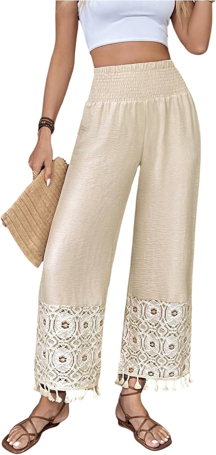 MakeMeChic Women's Boho Elastic High Waist Wide Leg Pants Fringe Shirred Trousers