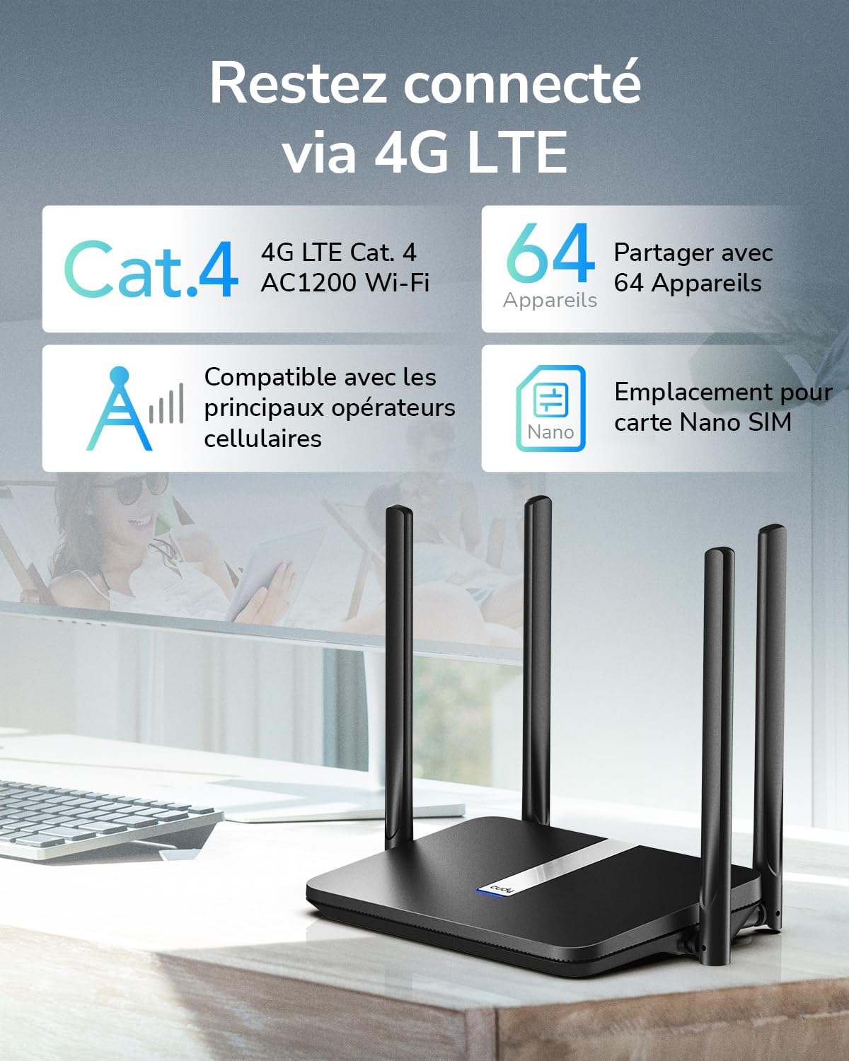 Cudy Routeur AC1200 Mbps Double Bande 4G LTE, 867Mbps (5GHz) + 300Mbps (2,4GHz), 150Mbps LTE cat4 Speed, 4 Ports RJ45 10 / 100Mbps, 4 Antennes, FDD et TDD, DDNS, VPN, SIM Plug and Play
