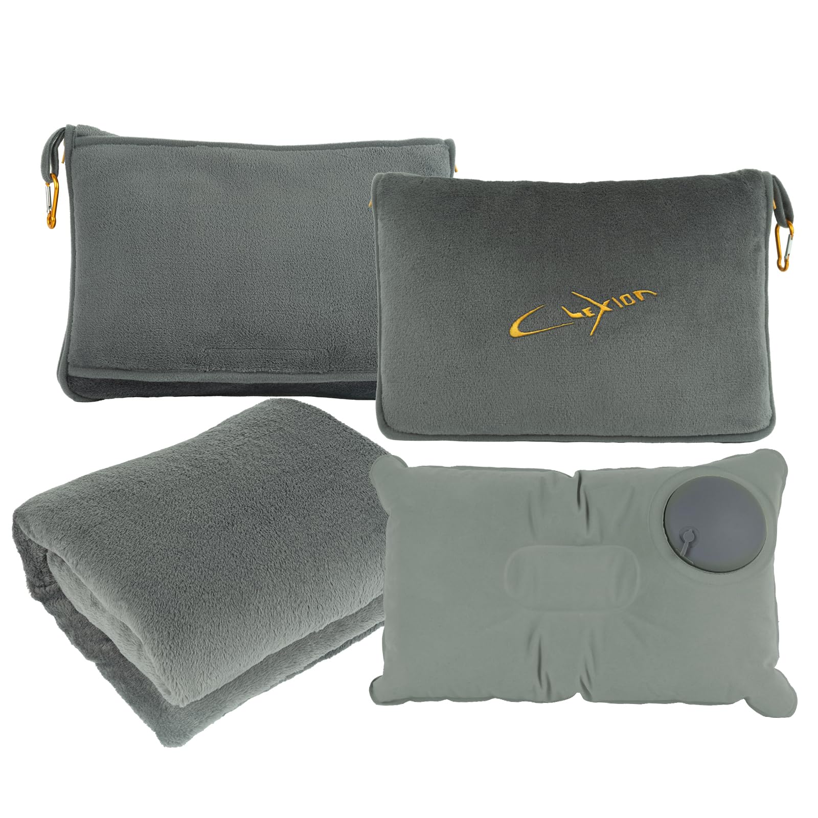 Almohada de viaje suave 3 en 1, manta de avión para viajes largos, esencial con funda de almohada para bolsa, funda de equipaje de mano y clip para mochila (gris)