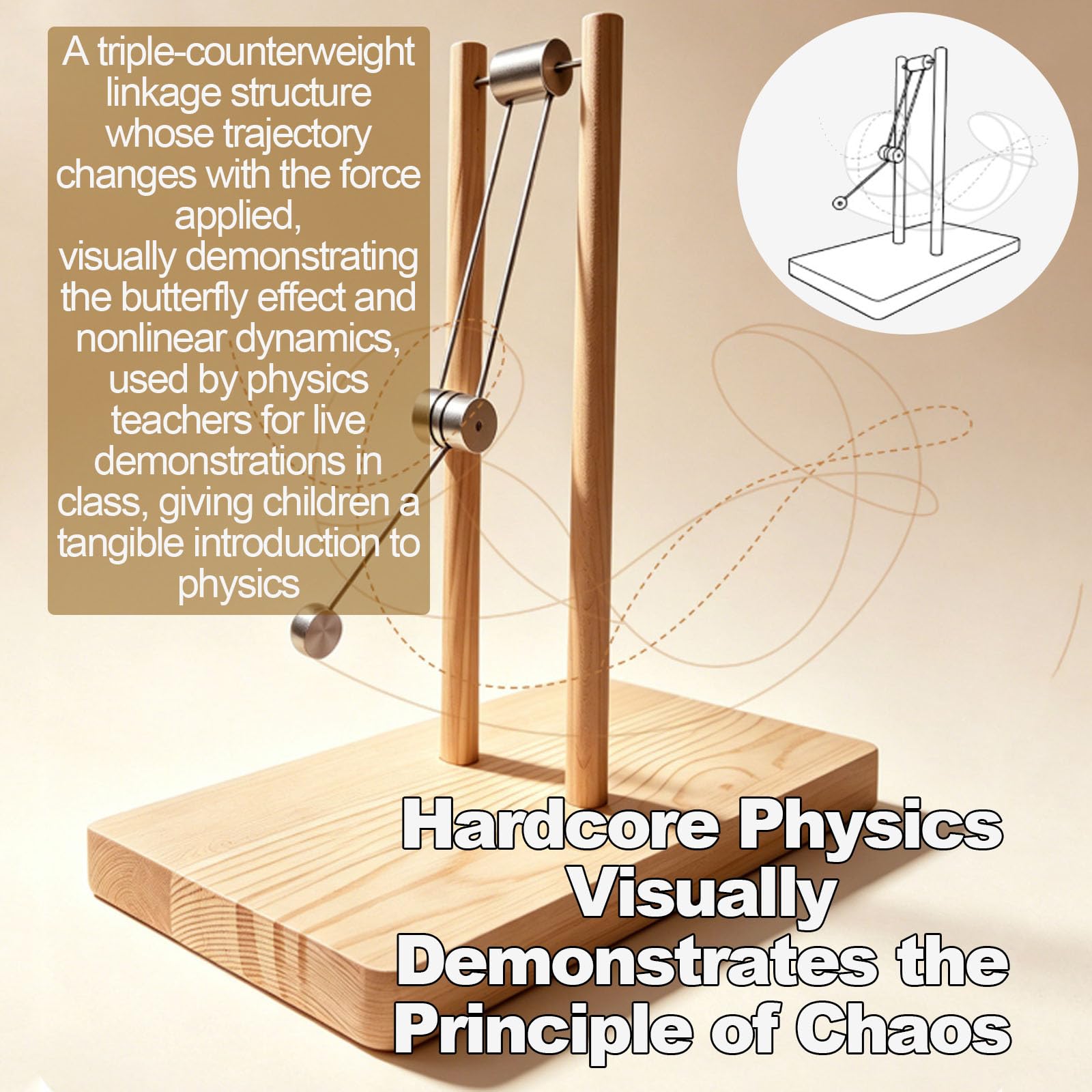 Modèle De Physique Chaotique en Bois, Pendule Double Chaotique Décoratif pour Bureau, Modèle De Démonstration De Physique Élémentaire, 30 X 16 X 30 Cm, Anti-Stress, Aucun Assemblage Requis