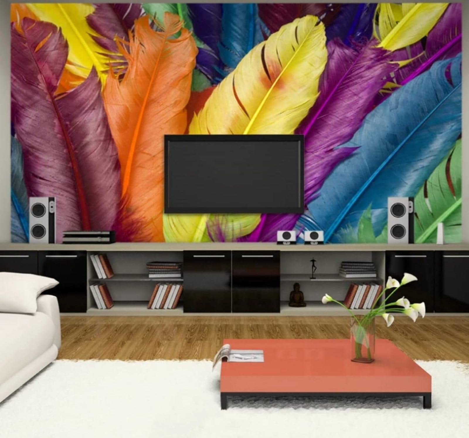 XLMING Minimalist Beautiful Hand Drawn Colourful Feathers 3D Wallpaper Luxury Silk Study Dining Feature Sofa Grey Bedroom Living Room Tv Decorative Wall-250cm×170cm
