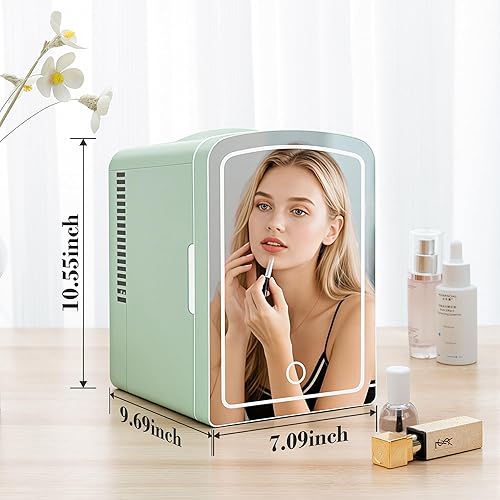 Miniatura 8 de Iceblue Mini nevera, refrigerador para el cuidado de la piel con espejo de luz LED regulable, 4 litros/6 latas, refrigerador compacto de maquillaje