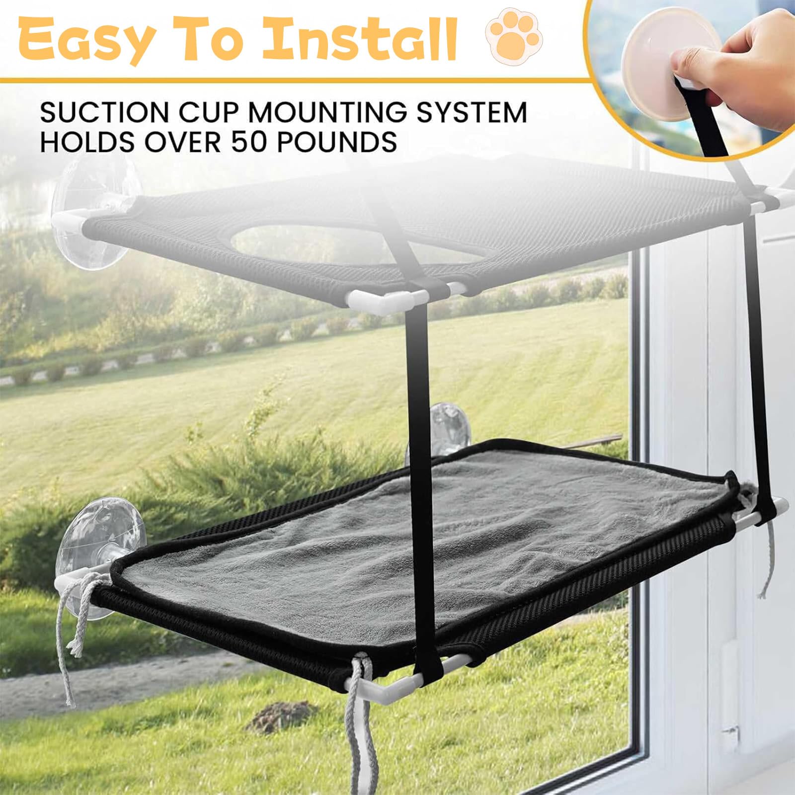 Fenster Katzenhängematte für Katzen bis 25kg,Doppellagiges Katzen Hängematte für Katze in Innenräumen,Verstärkte Katzens Fensterplatz mit Starkem Saugnapf,51 X 31 cm,Fensterbankliege Katze
