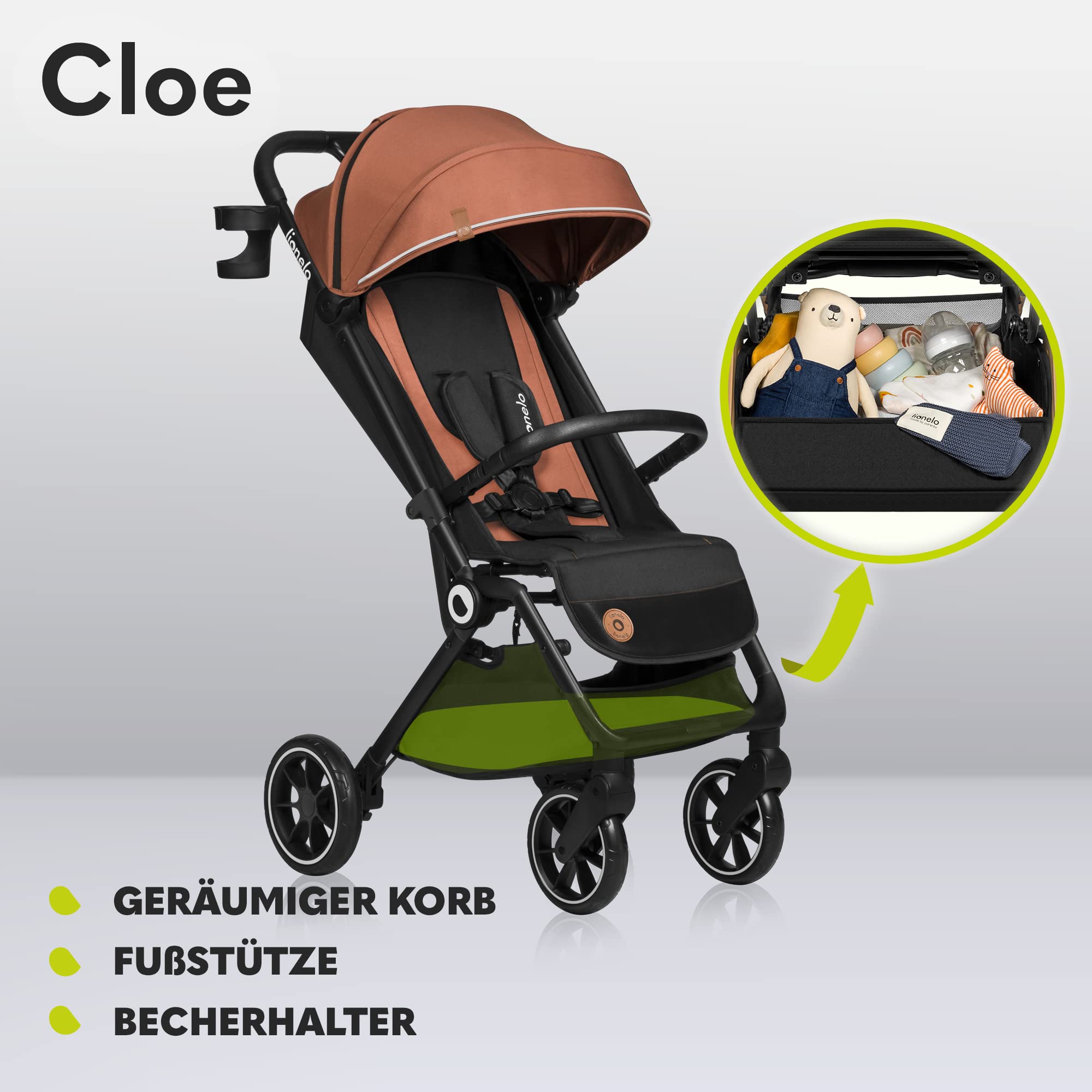 LIONELO Cloe Zusammenklappbarer Kinderwagen bis zu 22 kg, Verstellbare Rückenlehne Schlaffunktion, 5-Punkt-Gurt Große Schwenkräder Moskitonetz Becherhalter Leichtgewicht Kompakt Wasserdicht (Braun)
