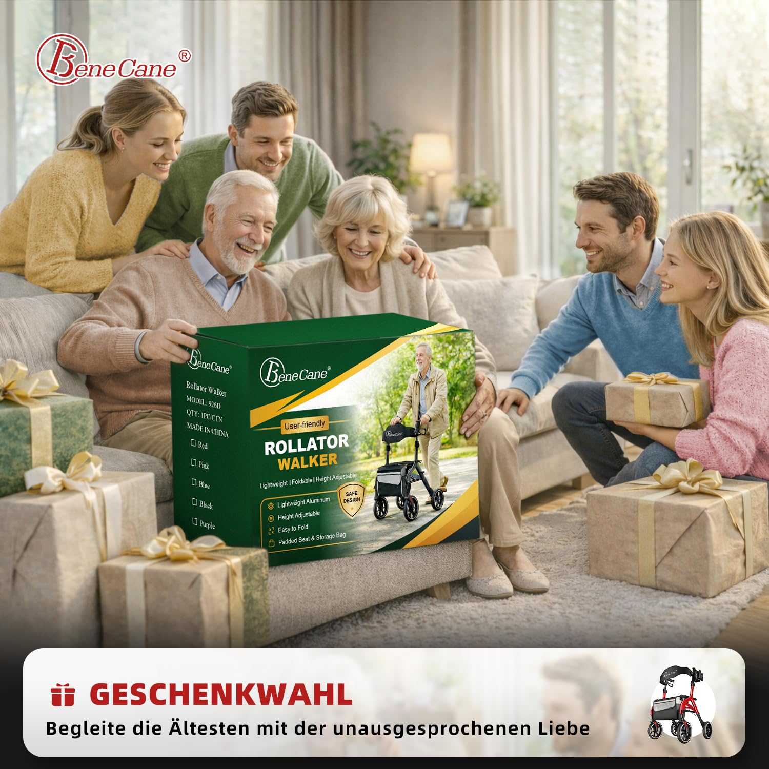 BeneCane Rollatoren Outdoor, Rollator Faltbar und Leicht mit Sitz, Aufstehhilfe, Gehhilfe für Senioren, Leicht Klappbar, Höhenverstellbar, Reiserollator mit Sitzfläche, Rückengurt, Tasche, Gehwagen