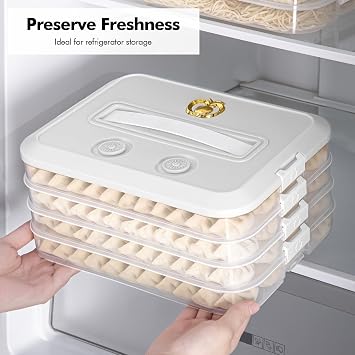 4 Layer Dumpling Box, Food Storage Containers with Lid and Handle, Stackable Biscuit Storage Box for Kitchen and Fridge (White Lid)