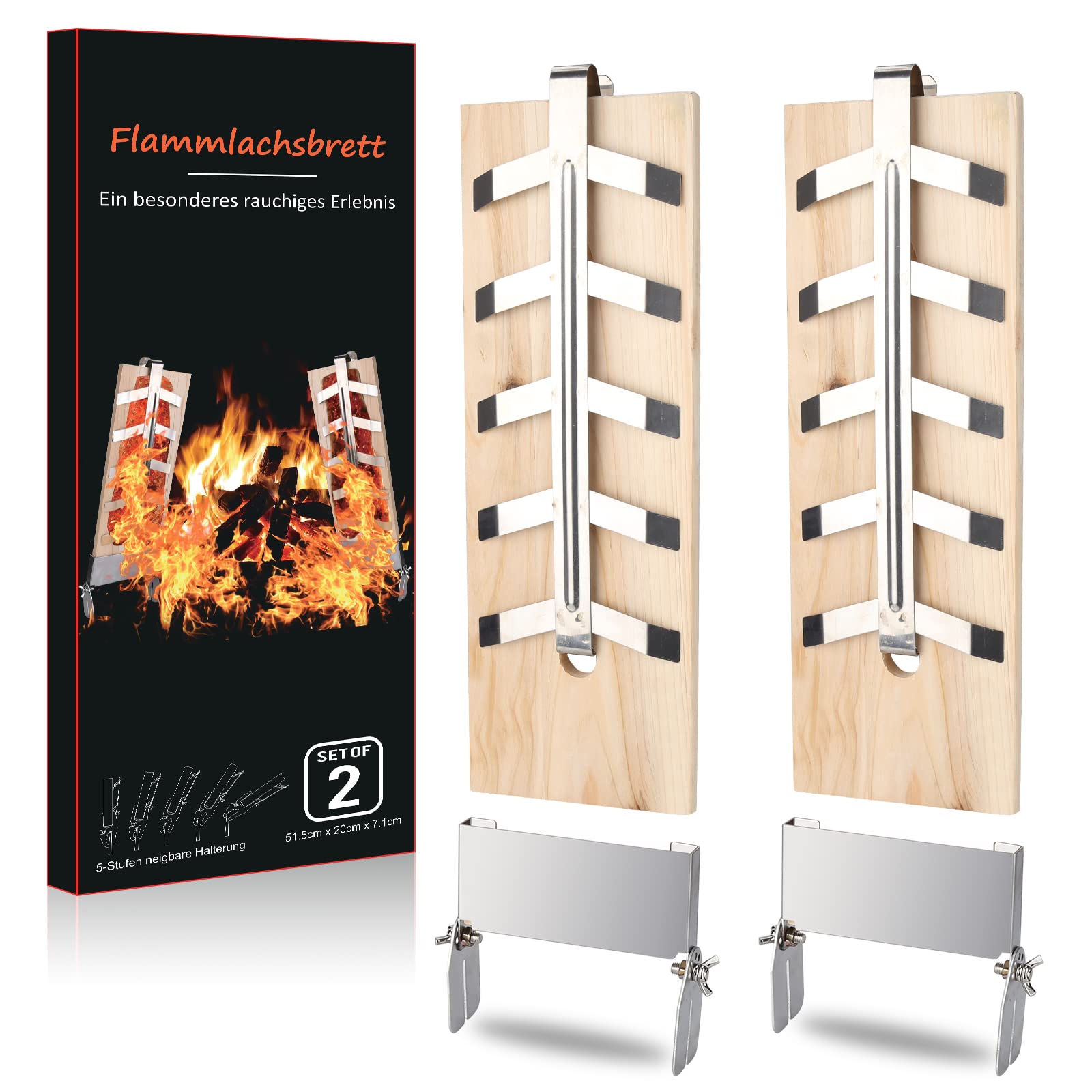 2X flammlachsbretter mit Halterung, Räucherbrett Flammlachsbrett, Zedernholz grillbrett, Zedernholzbrett mit Stabiler Edelstahl-Halterung für Feuerschale & Grill