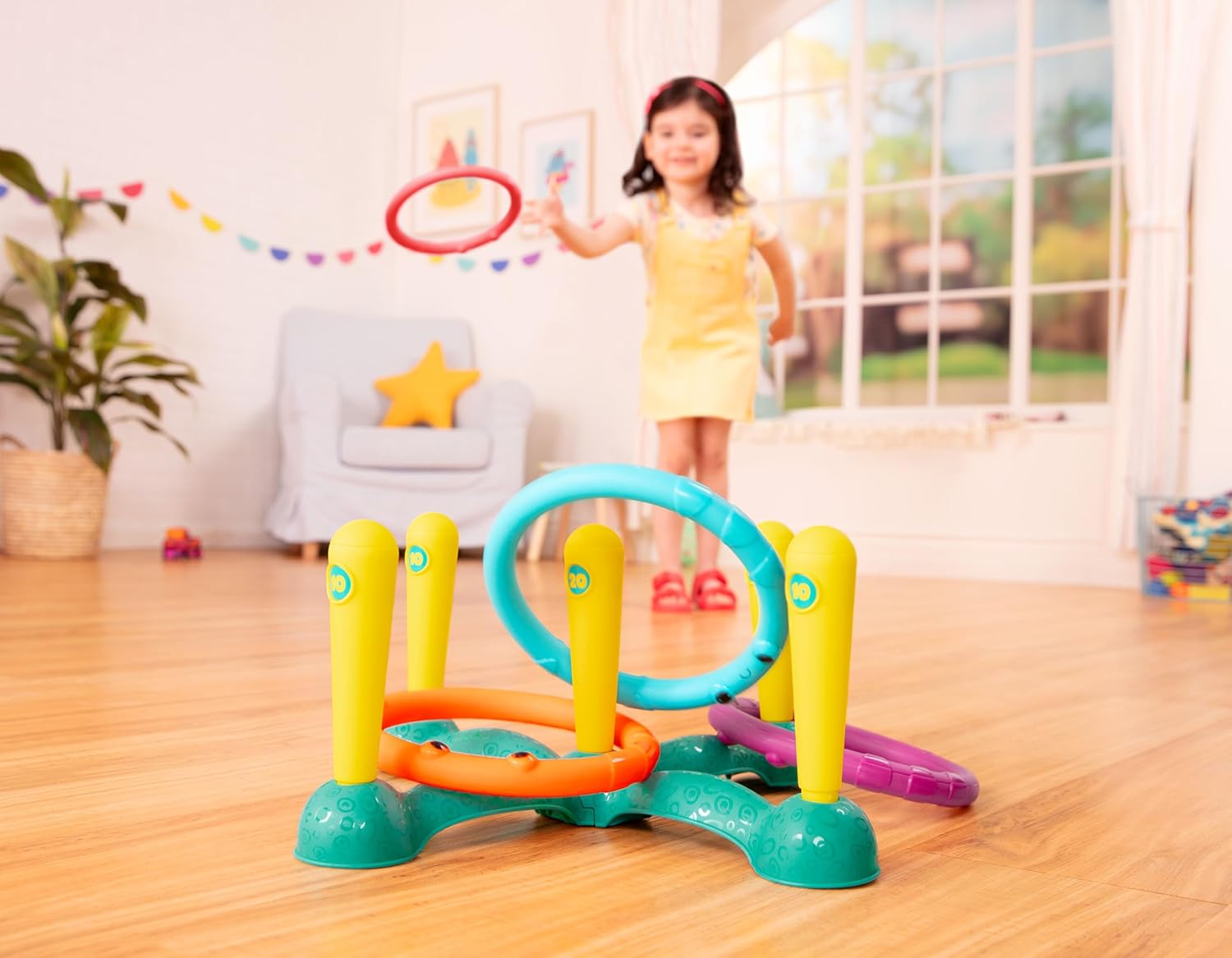 B. toys – Ring Toss Game – Indoor & Outdoor – Sling – a – Ring Toss – 12 Pieces – 5 Pegs & 5 Colorful Rings – for Toddlers, Kids – 3+ Years