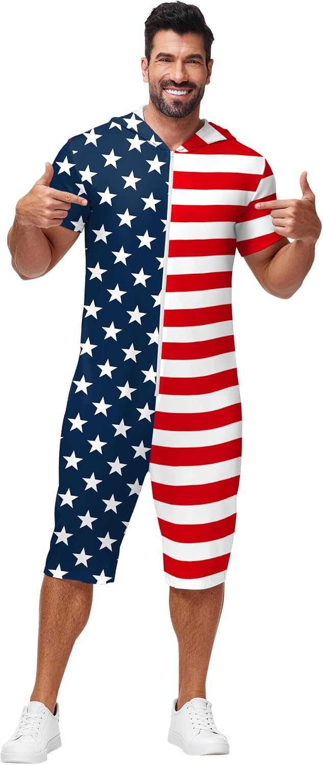 Mens 4th of July Romper American Flag Print Zipper Jumpsuits