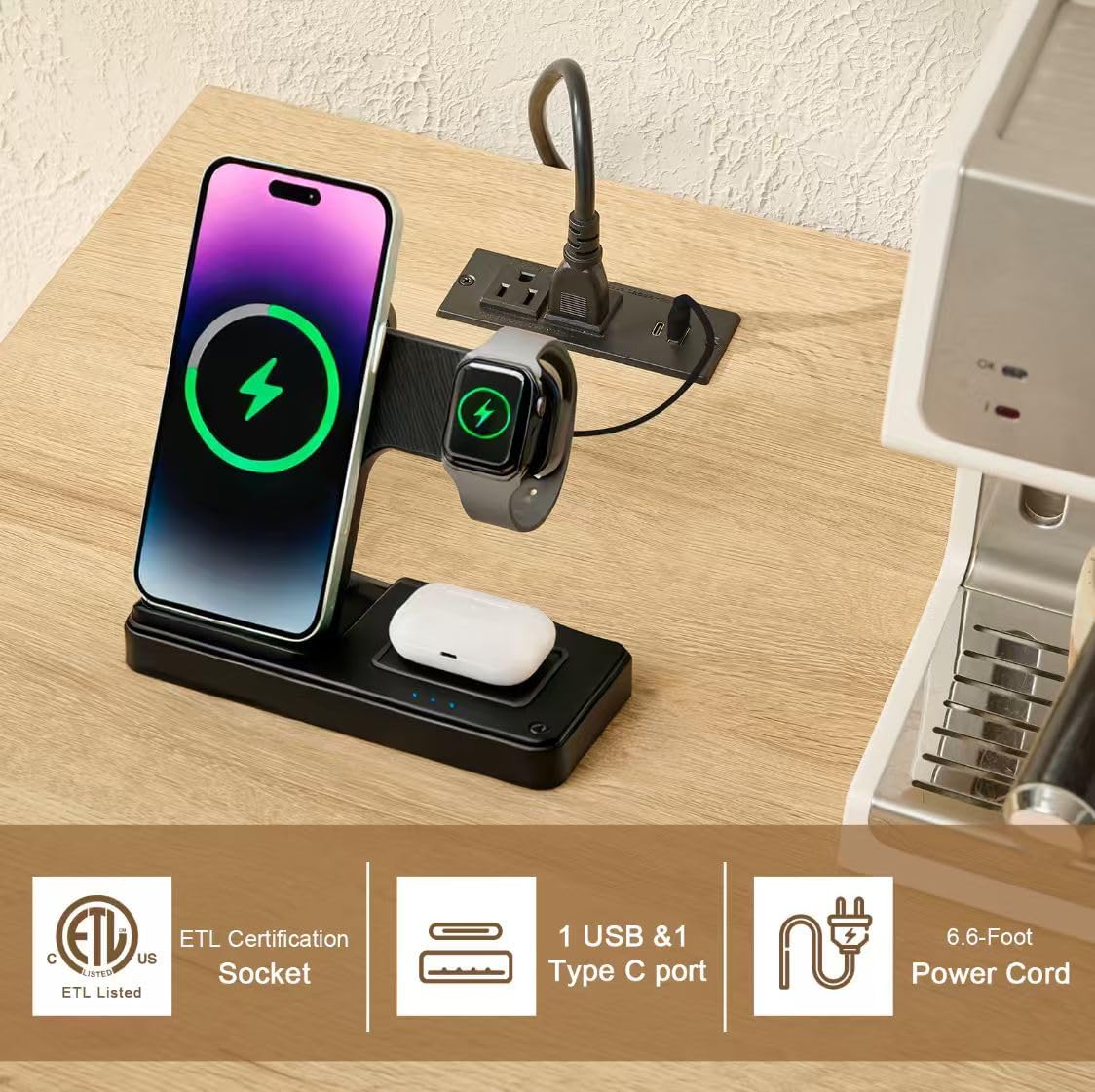 Okvnbjk Mini Fridge Cabinet with Power Outlet & Storage — Bar Cabinet with Fridge Space, Fluted Wine Bar with Wine Rack & Drawers, Coffee Station for Living Room & Dining Room (Oak)