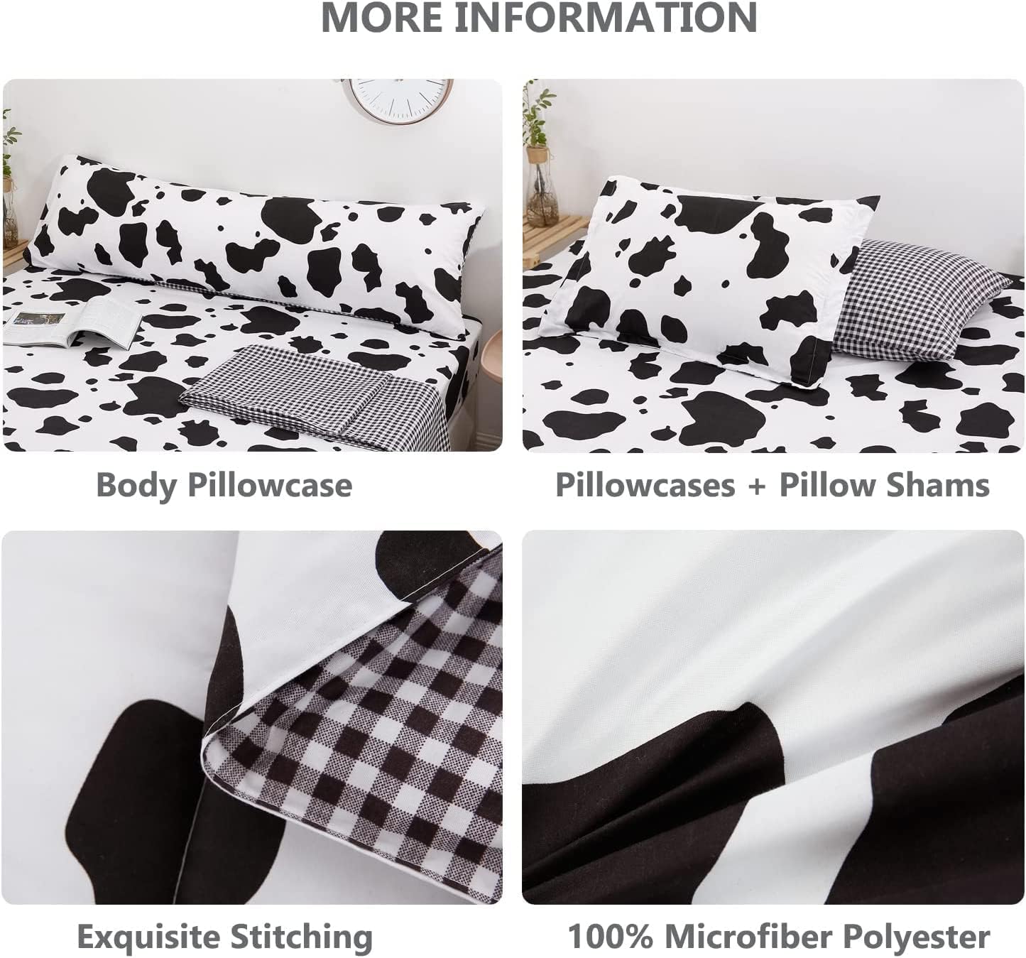SUCSES Cow Print Full Size Comforter Sets, 8 Pieces Bed in A Bag Comforter Set with Sheets, Black and White Bedding Set for Kids Teens Boys Girls, Animal Print Cute Kid Full Size Bedding - Image 6