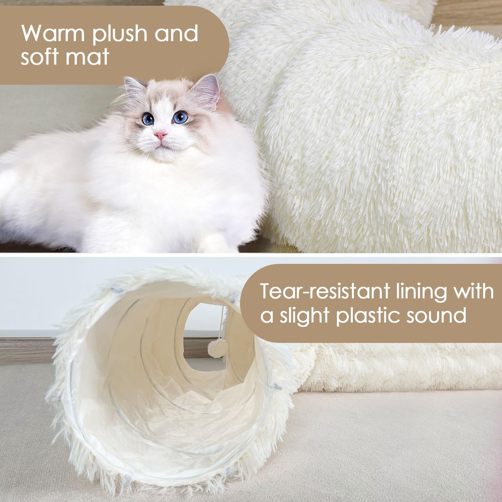 Catasaurus Peekaboo - Cama tipo túnel para gatos de interior, con alfombrilla de juego suave lavable, tubo peludo, para gatito/cachorro/conejo, beige-N