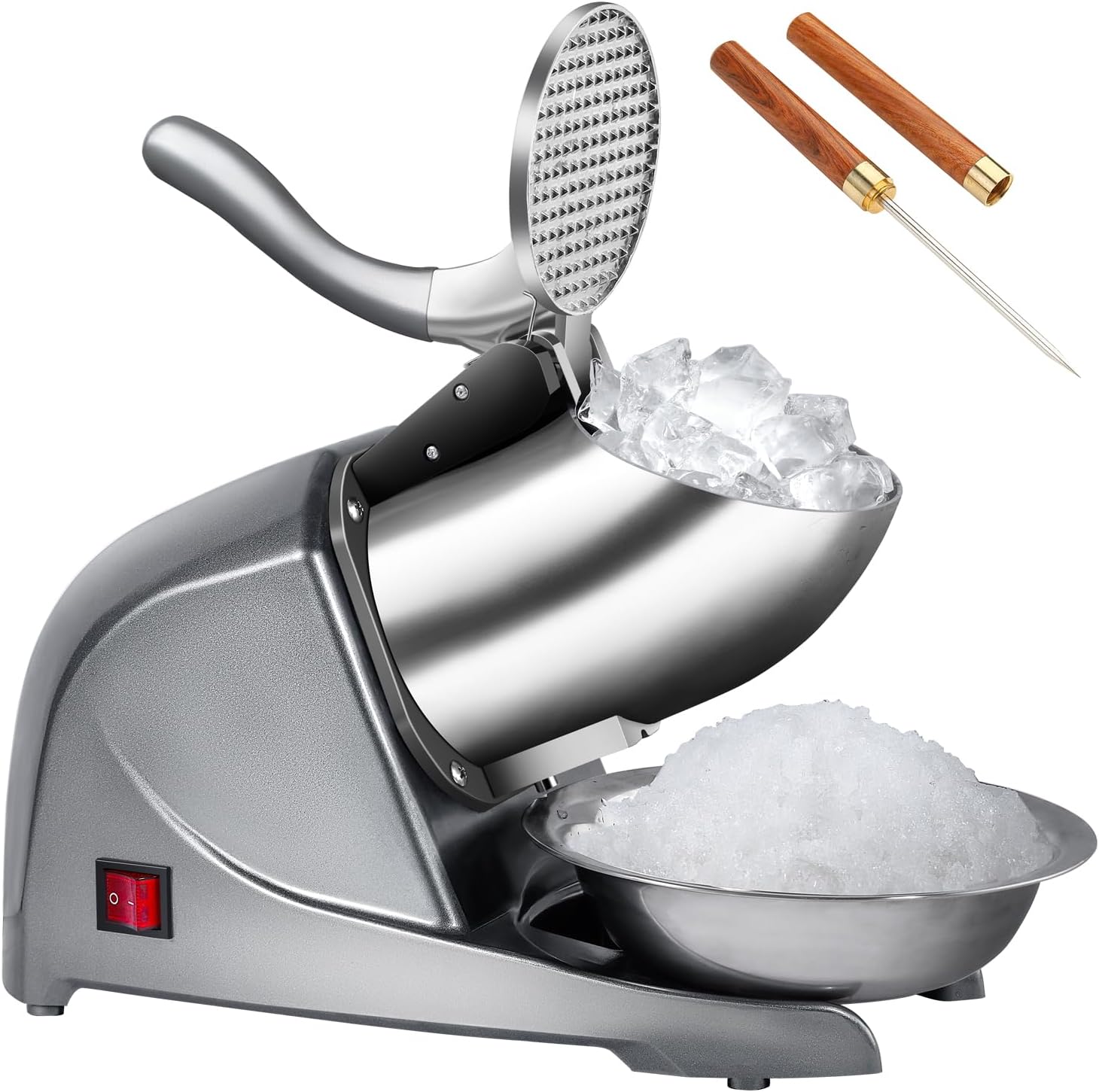 4-Blade Ice Shaver Snow Cone Maker Prevent Splash Stainless Steel ice crusher Machine,200lbs/hr with Ice Pick for Home and Commercial Use（Silver）