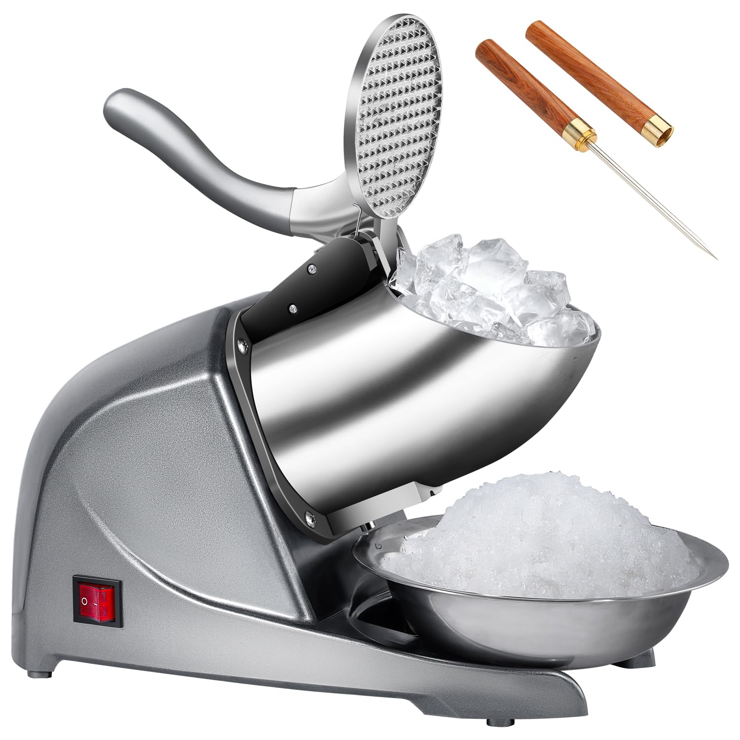 Electric Ice Shaver Snow Cone Maker Prevent Splash Stainless Steel 4 Blade Machine,200lbs/hr with Ice Pick for Home and Commercial Use(Silver)