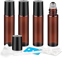 ZEJIA 10ml Amber Glass Roller Bottles for Essential Oils, 4 Pack Refillable Roll-Ons with Stainless Steel Balls, Droppers, Opener & Labels