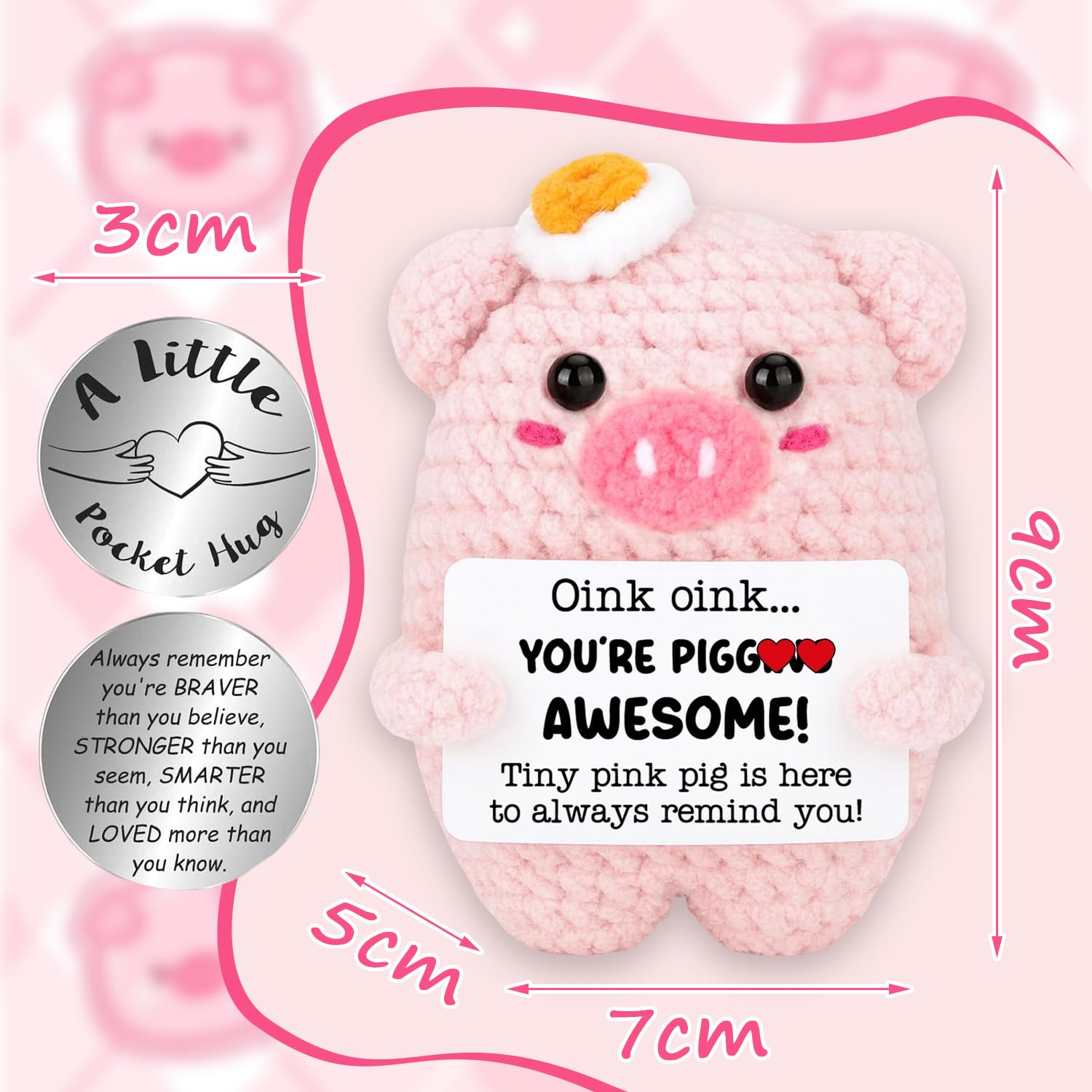 Laicaii Positive Crochet Animals, Pink Pig with Pocket Hug Coin, Handmade Emotional Support Crochet - Image 2