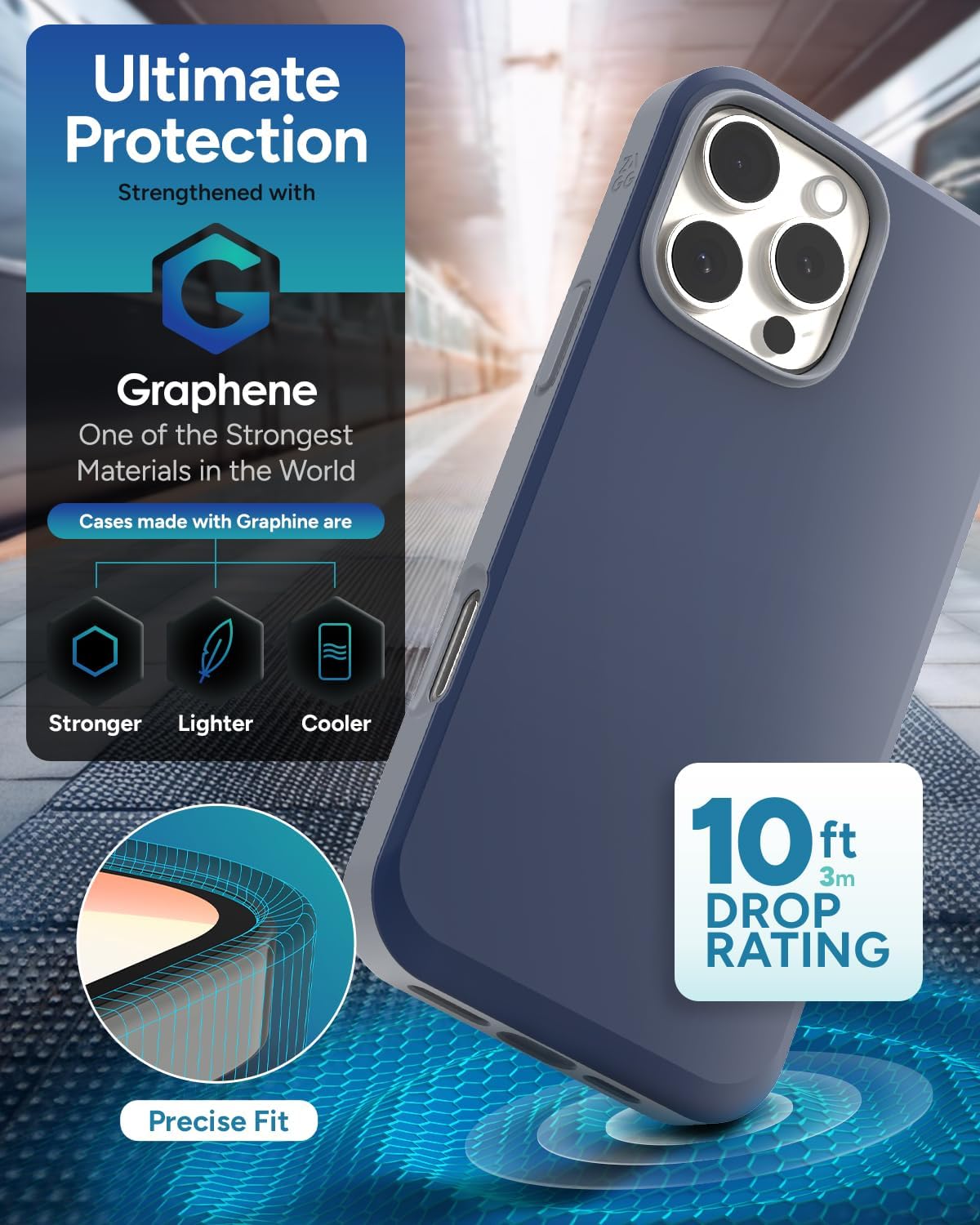 ZAGG SoHo Snap Case for iPhone 16 Pro Max - MagSafe Compatible, 10ft Drop Protection, Graphene-Infused, Wireless Charging, Eco-Friendly, Two-Tone Design, Navy Blue Gray