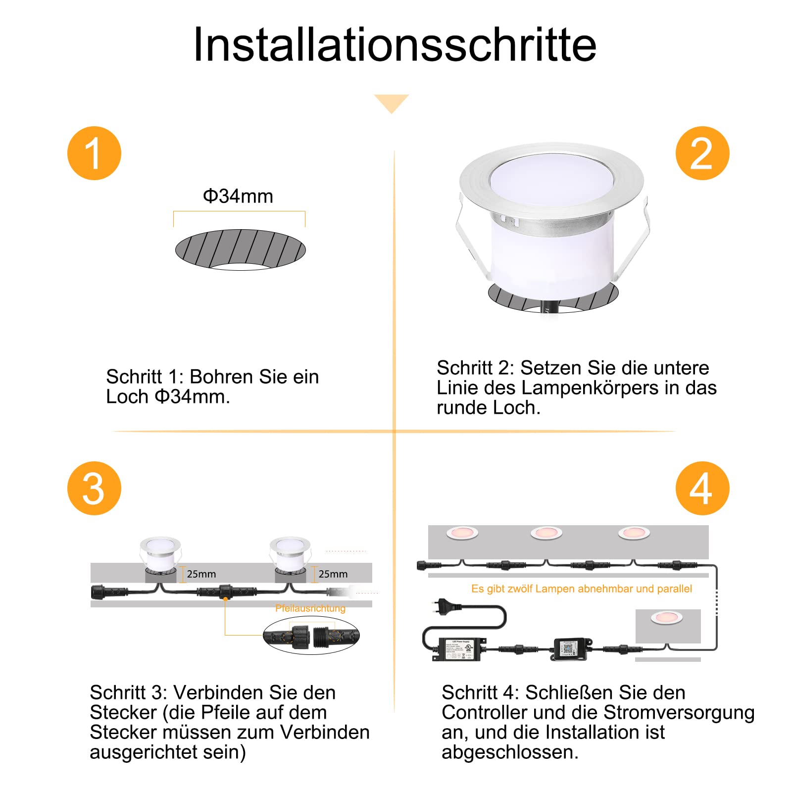 LED Bodeneinbauleuchten Arbeitet mit Alexa,IFTTT,Wifi Wireless Smart Phone Ø45mm IP67 Wasserdicht LED Einbaustrahler Full Kit