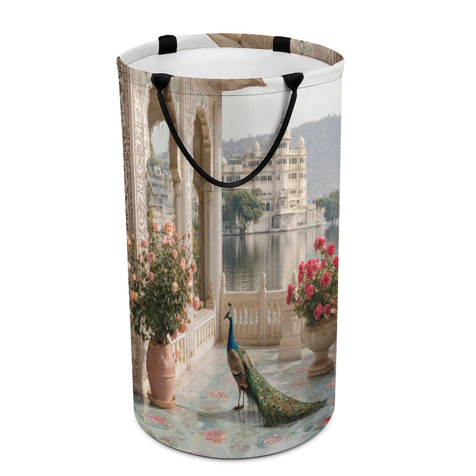 LUYYSKY Vintage Realistic Elegant Peacock Versatile Storage Laundry Basket, Modern Romantic Castle Animal Peacock Plant Flowers Large Bathroom Laundry Hamper With Handle-40 CM Dia, 69 CM High