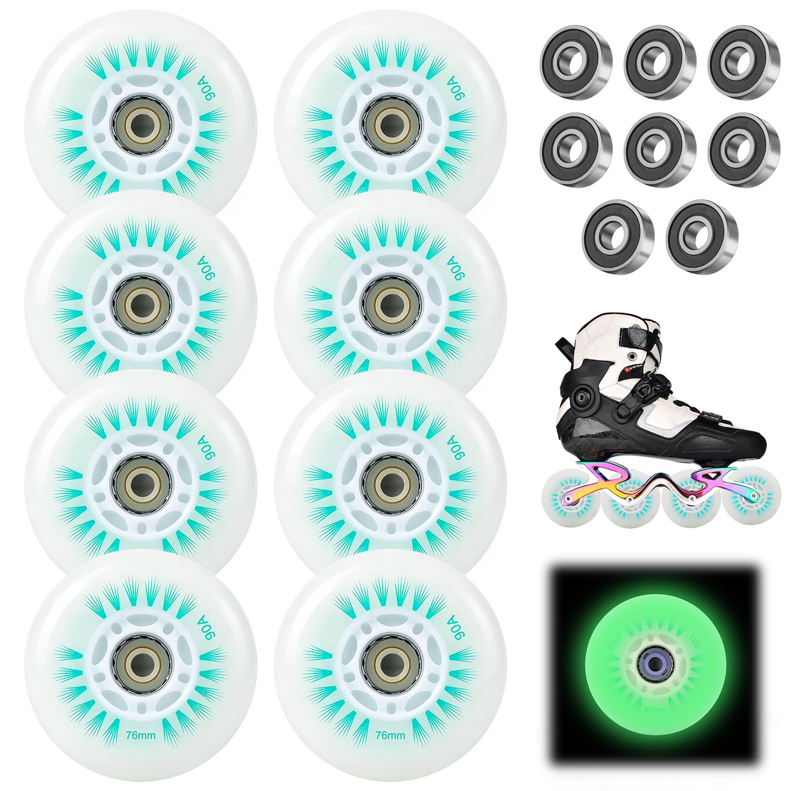 BORDEAG Lot De 8 Roues De Rollers En Ligne 76MM Polyuréthane Roulements À Billes
