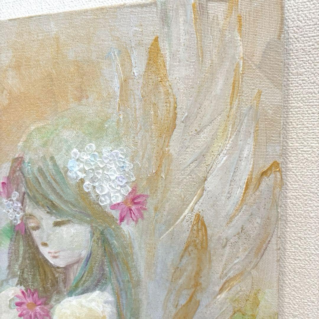 花束と天使のアクリル画 原画　癒しのインテリア テクスチャーアート Amazon.co.jp: テクスチャーアート アクリル画 花の絵 天使