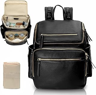 MISS FONG Baby Wickelrucksack Wickeltasche, Leder Wickelrucksack Groß Babytaschen Rucksack Lässig mit Multifunktions, 19 Wickeltasche Organizer, Wickelunterlage, Wickeltasch Kinderwagen Haken-Schwarz