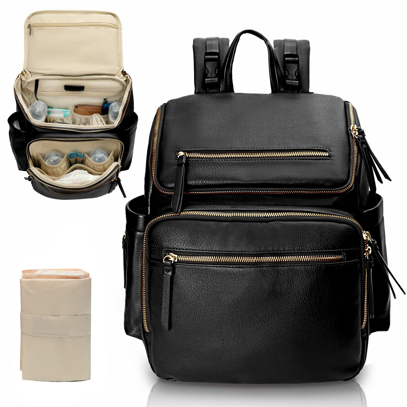 MISS FONG Baby Wickelrucksack Wickeltasche, Leder Wickelrucksack Groß Babytaschen Rucksack Lässig mit Multifunktions, 19 Wickeltasche Organizer, Wickelunterlage, Wickeltasch Kinderwagen Haken-Schwarz