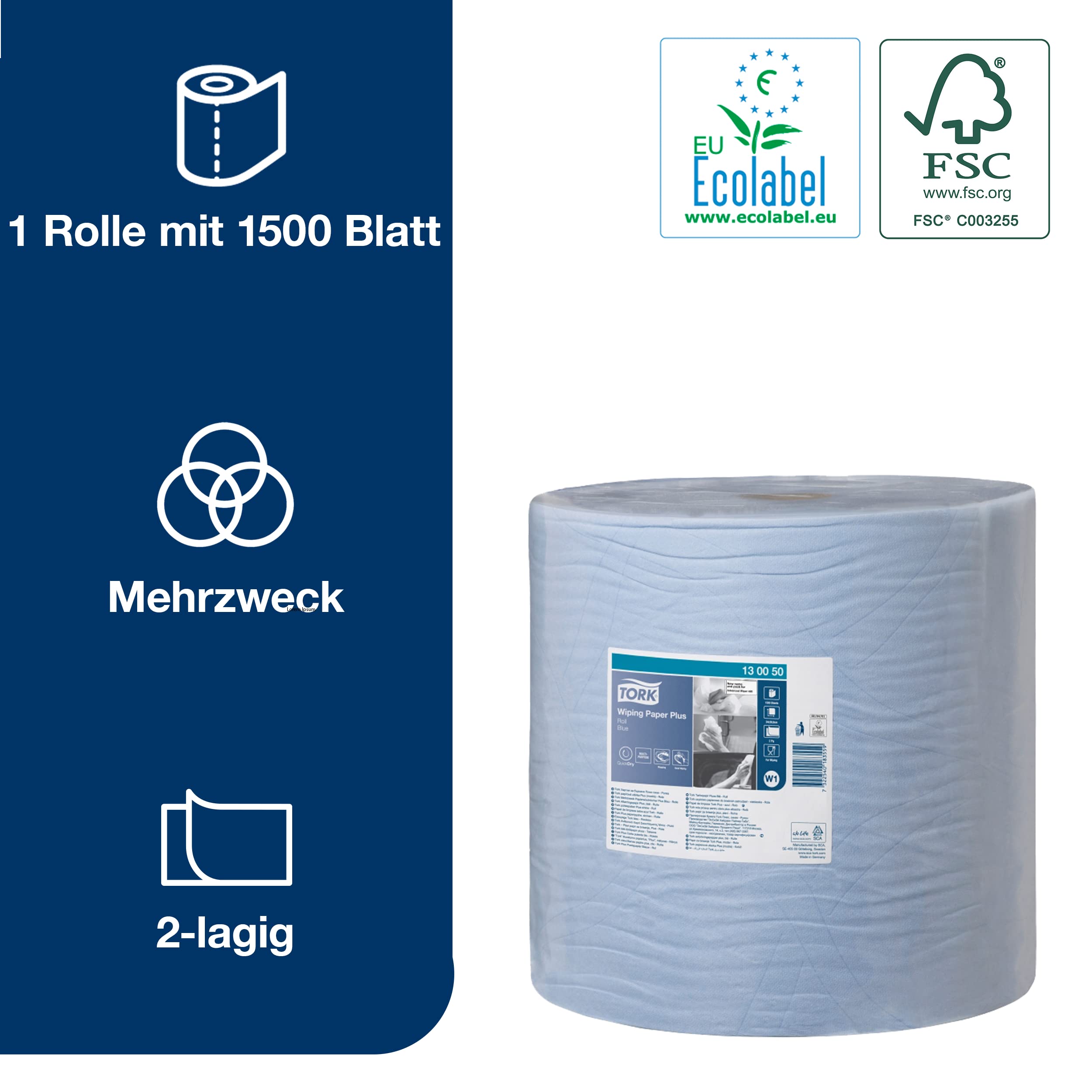 Tork 130050 Starke Mehrzweck Papierwischtücher für W1 Bodenständer- und Wandhalter-System / 2-lagige Papierrolle in Blau / Premium Qualität / 1 x 510 m
