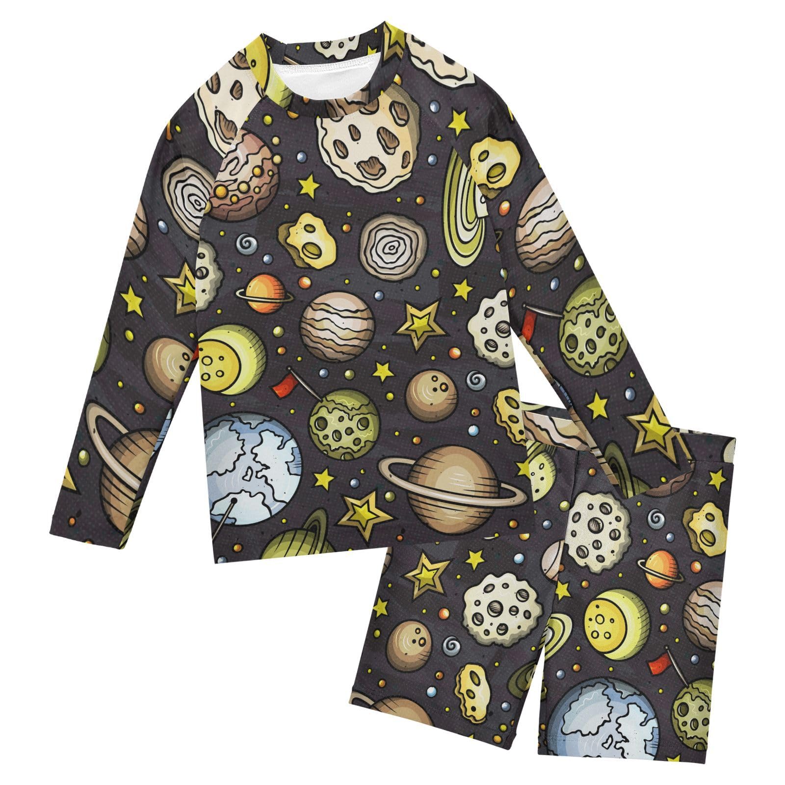 Aflyko Boys Girls Rash Guard Set Cartoon Space Planet Stars Swim Outfit Pollover Bathing Suit Fishing Sun Shirt Quick Dry Swimming Surfing Shorts, 9-10T