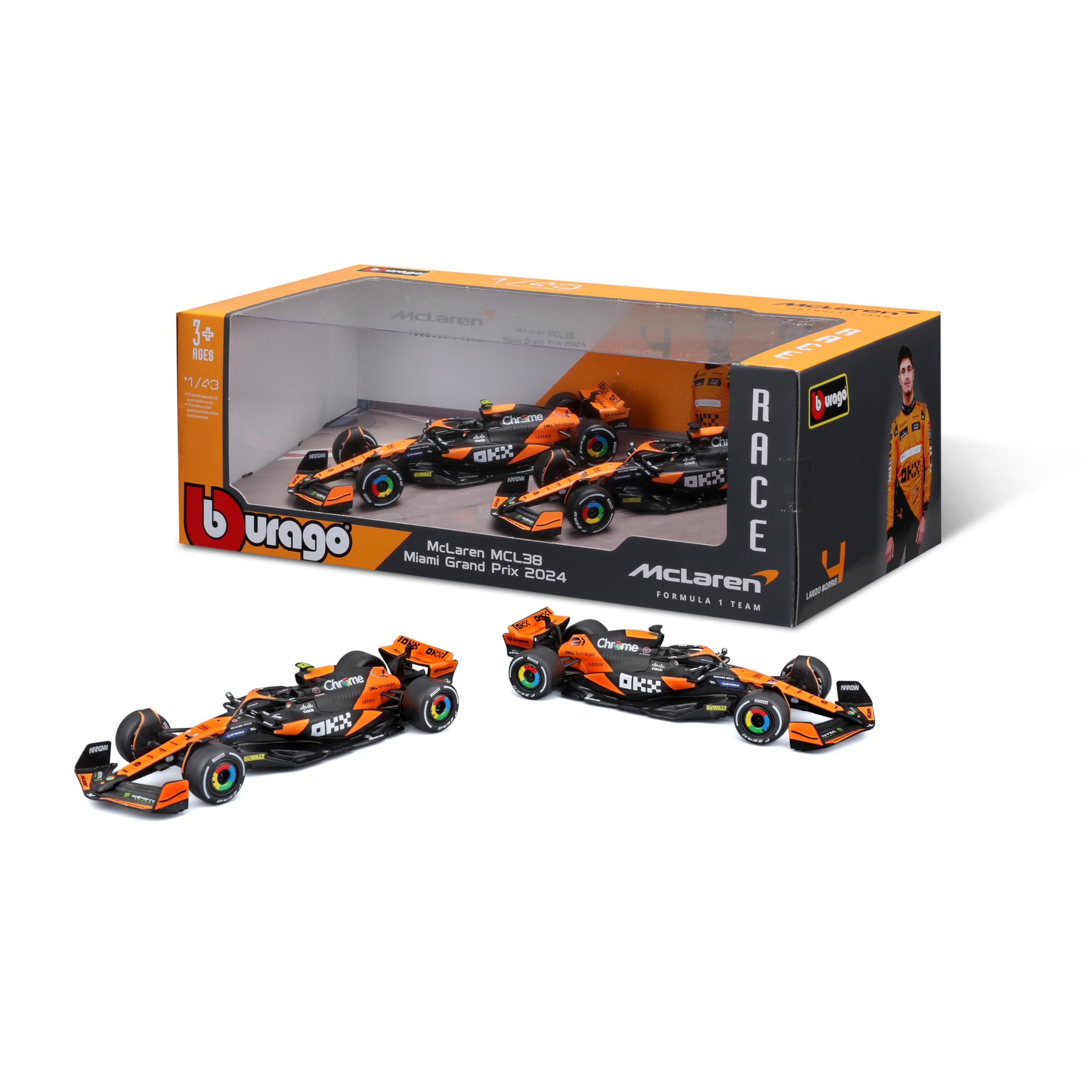 Bburago Formula 1 McLaren MCL38 - Set da 2 pezzi (2024): modellino auto in scala 1:43, Window Box, 25,4 cm, nero/arancione (18-38202)