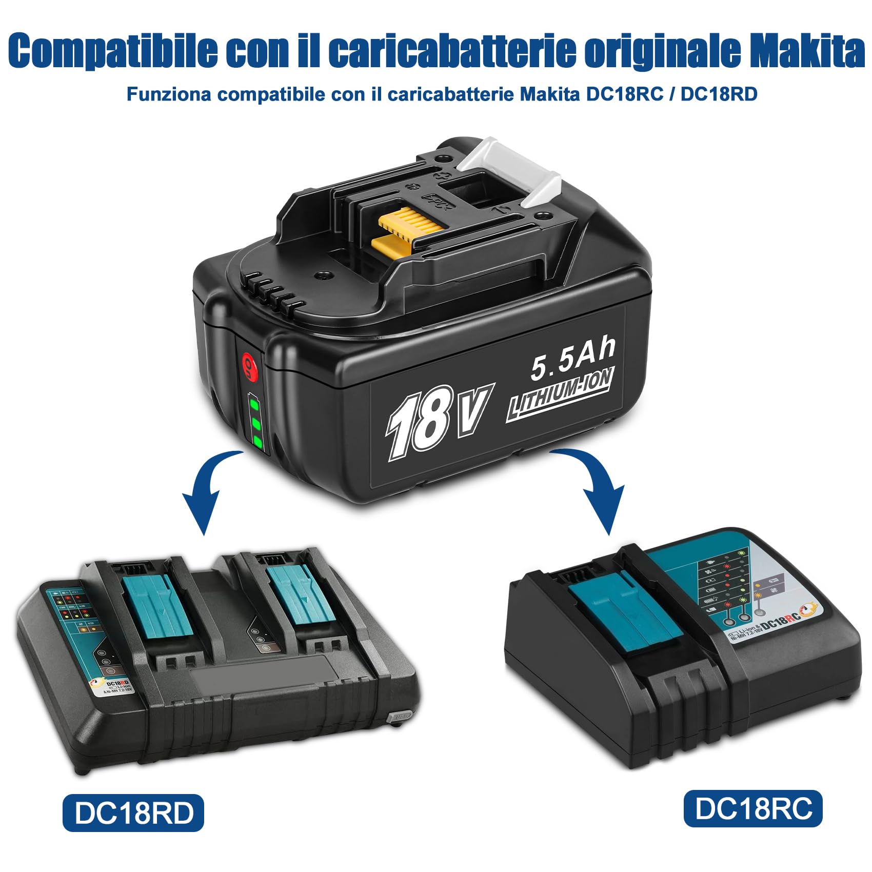 KUNLUN 2 Pezzi 5.5Ah Batteria di Ricambio per Makita 18V BL1850B | BL1860 BL1860B BL1830 BL1830B BL1840B BL1840 BL1835 BL1845 LXT-400 194204-5 194205-3, con Indicatore LED