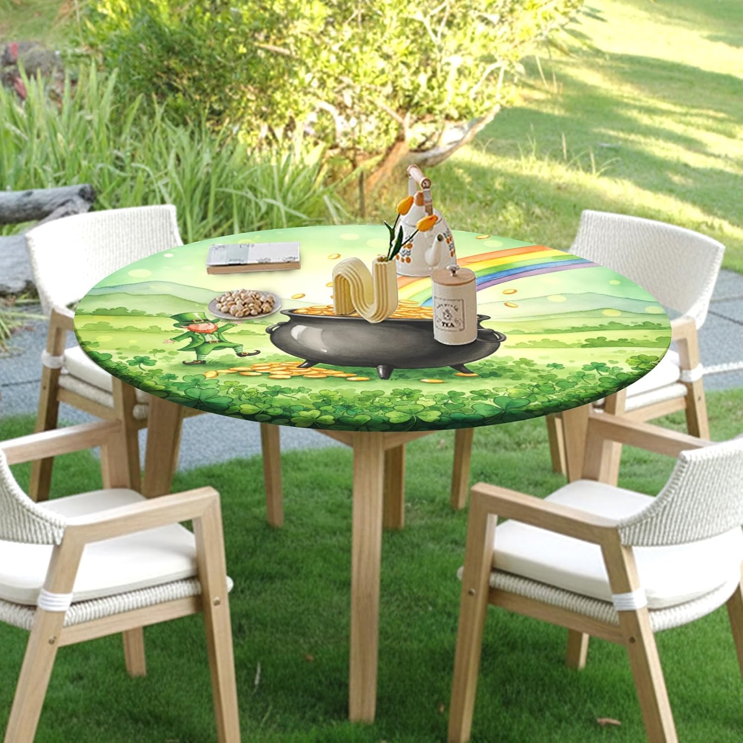 St Patricks Day Round Fitted Tablecloth with Elastic Green Irish Shamrock Circle Table Cover for 40-44" Tables Waterproof Washable Spring Clover Rainbow Coins Table Cloth for Picnic Dining Party Decor - Image 3